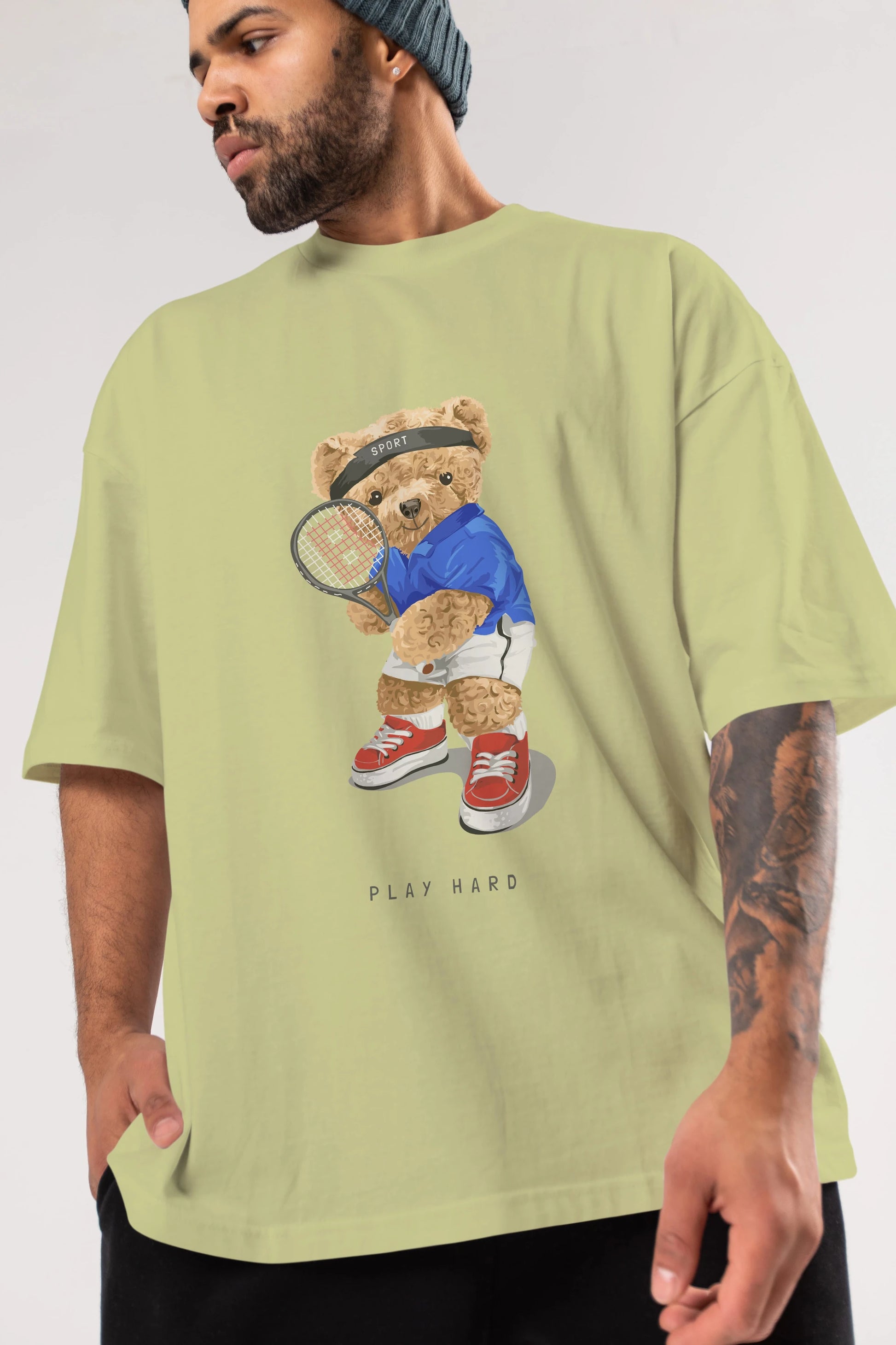 Teddy Bear Play Hard Ön Baskılı Oversize t-shirt Erkek Kadın Unisex %100 Pamuk