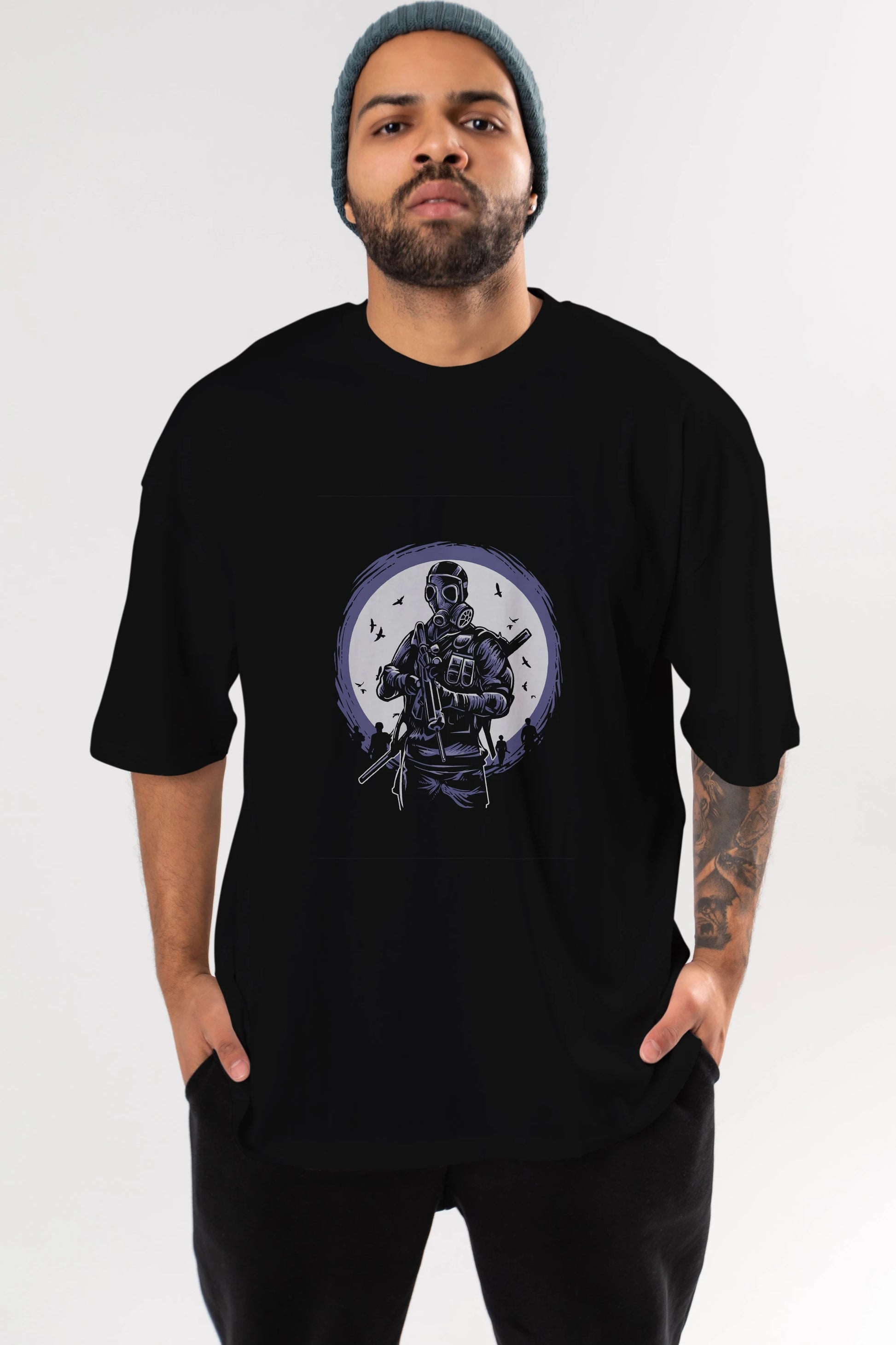 Gas Mask Soldier Ön Baskılı Oversize t-shirt Erkek Kadın Unisex %100 Pamuk tişort