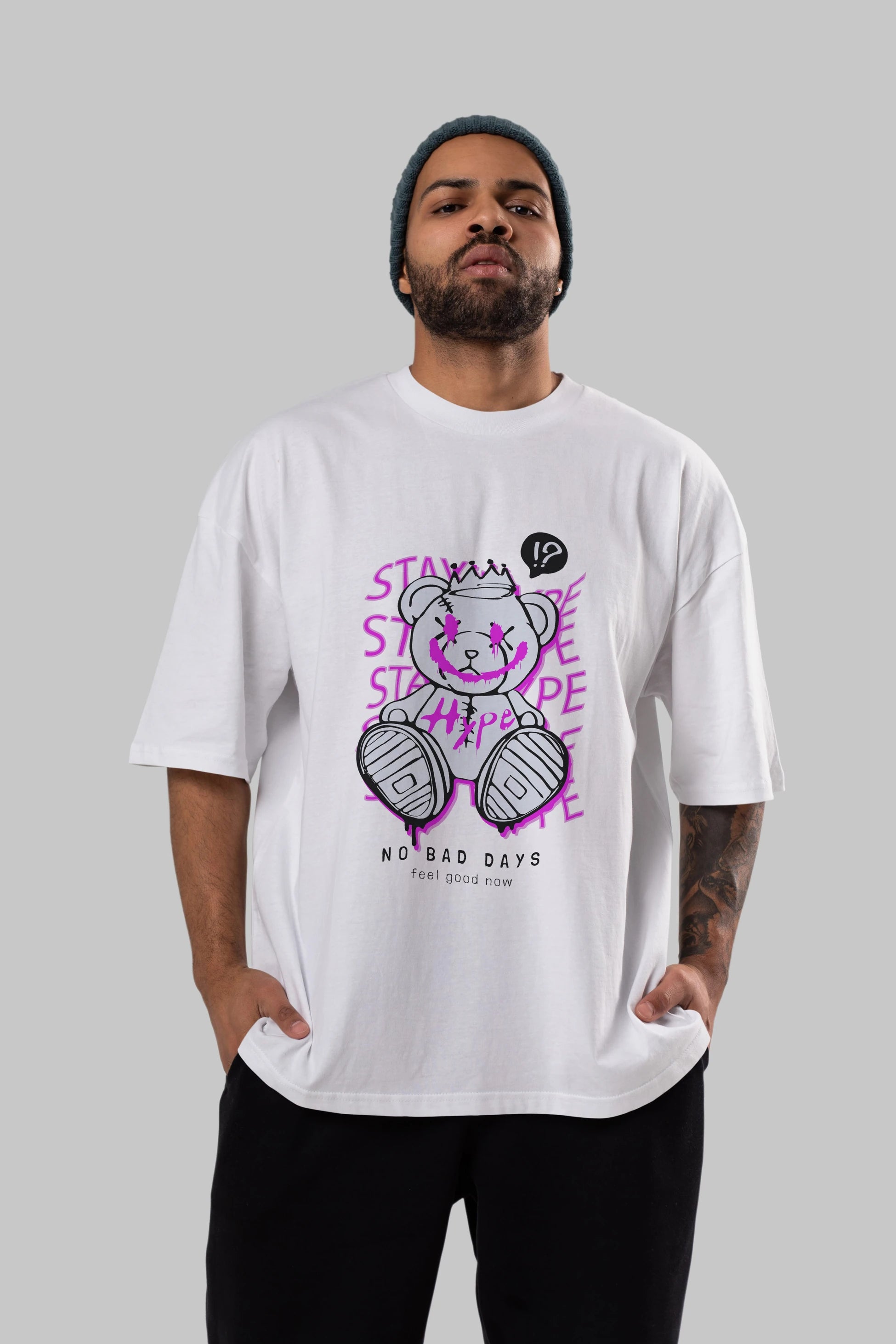 Stay Hype Bear Ön Baskılı Oversize t-shirt Erkek Kadın Unisex