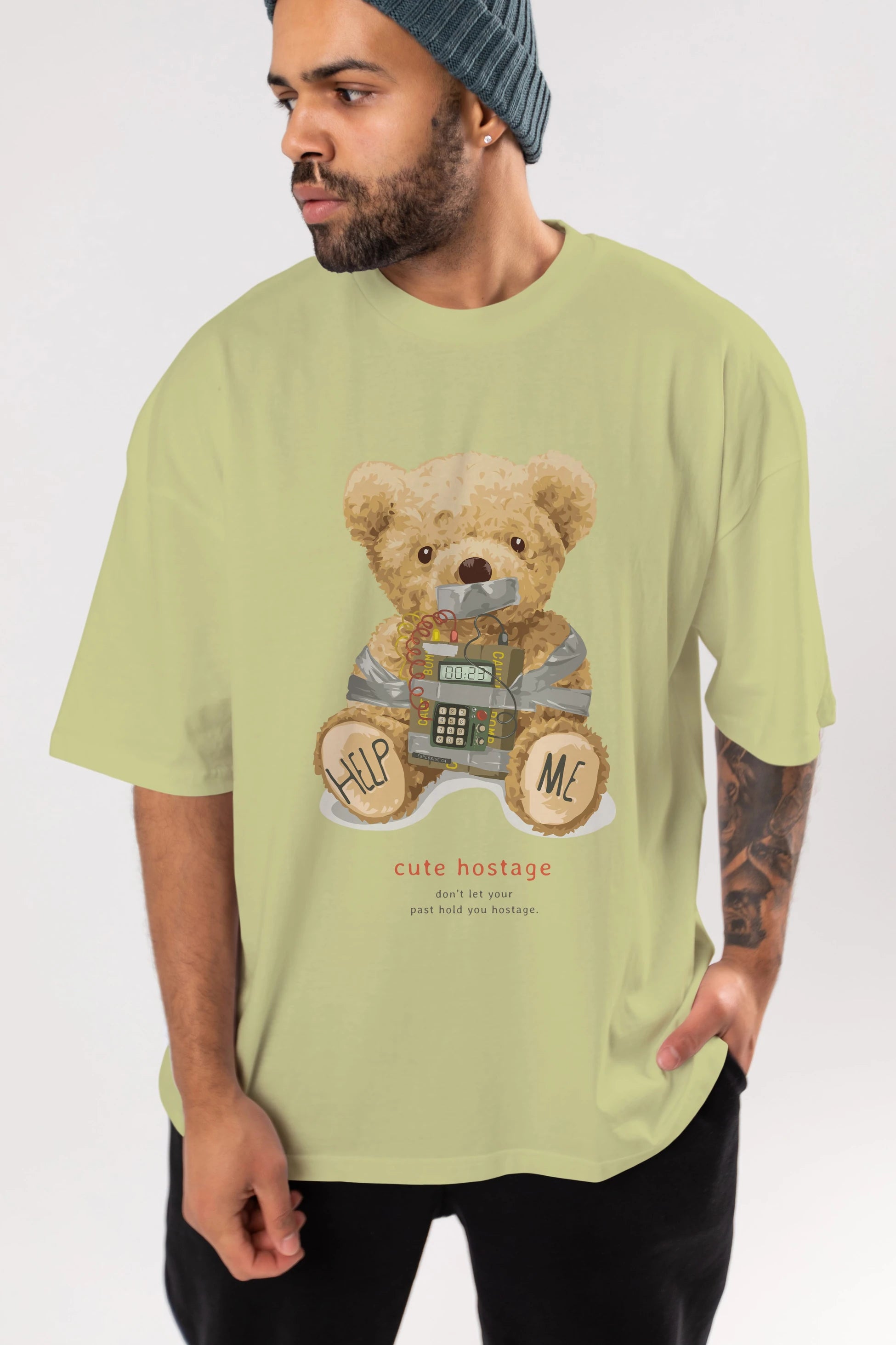 Teddy Bear Help Me Ön Baskılı Oversize t-shirt Erkek Kadın Unisex %100 Pamuk