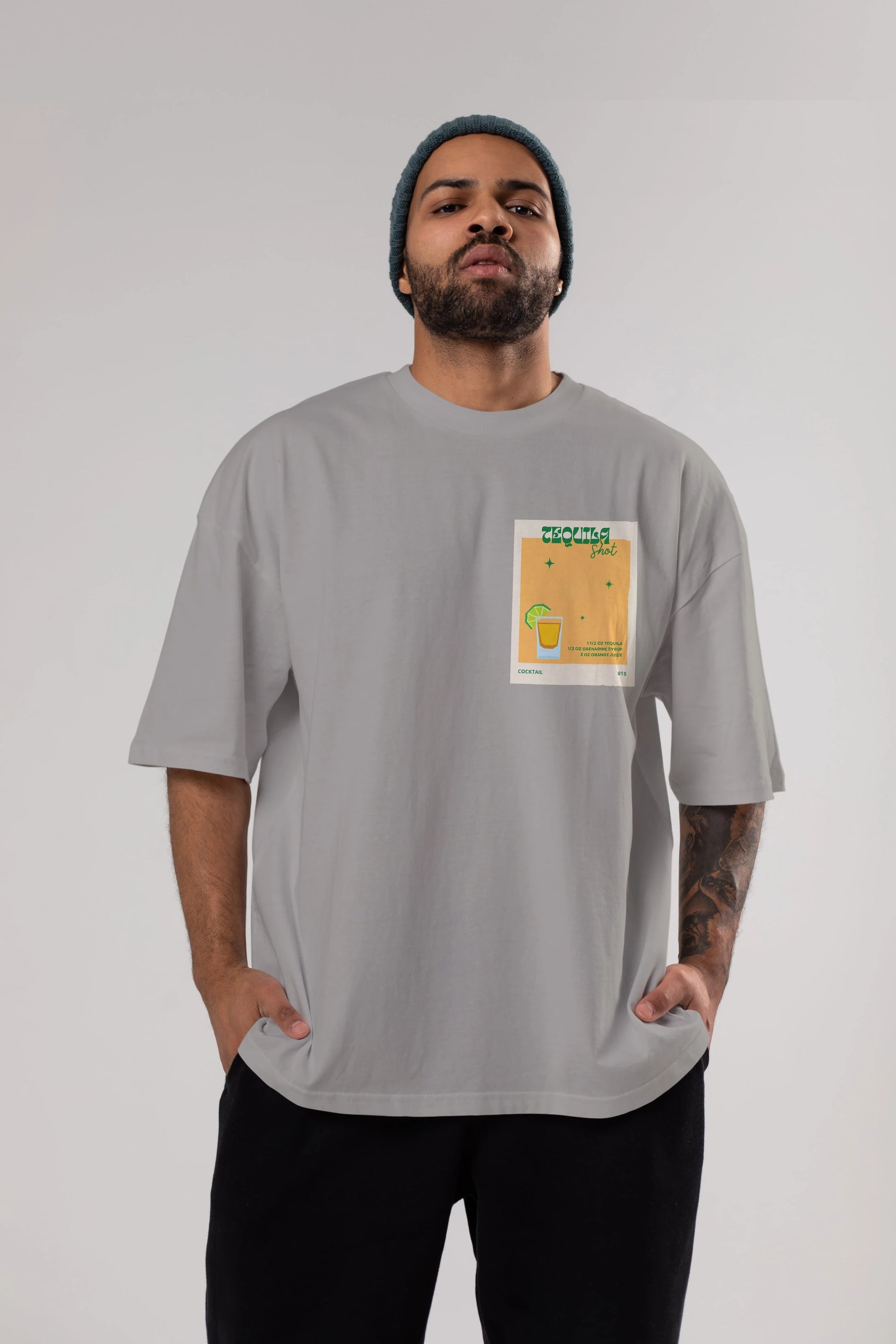 Tequila Shot 2 Ön Sol Baskılı Oversize t-shirt Erkek Kadın Unisex %100 Pamuk Bisiklet Yaka tişort
