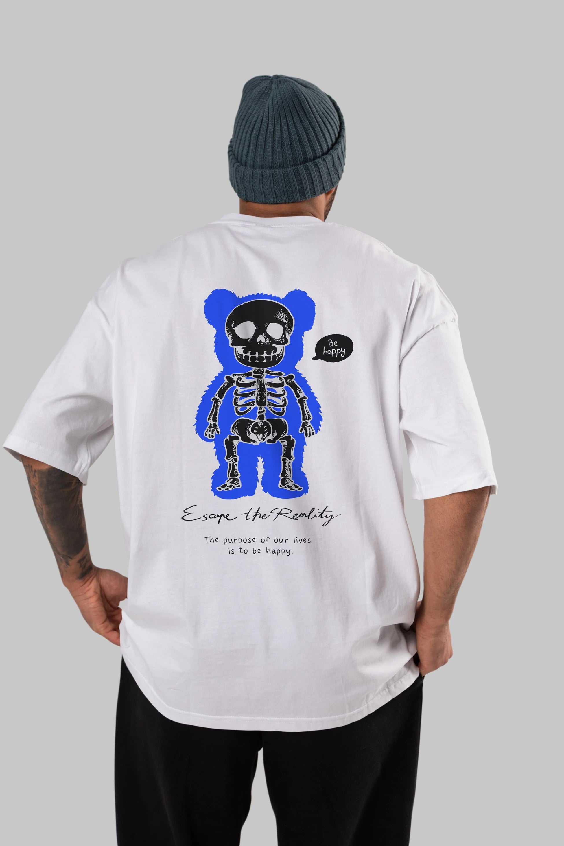 Be Happy Bear Arka Baskılı Oversize t-shirt Erkek Kadın Unisex
