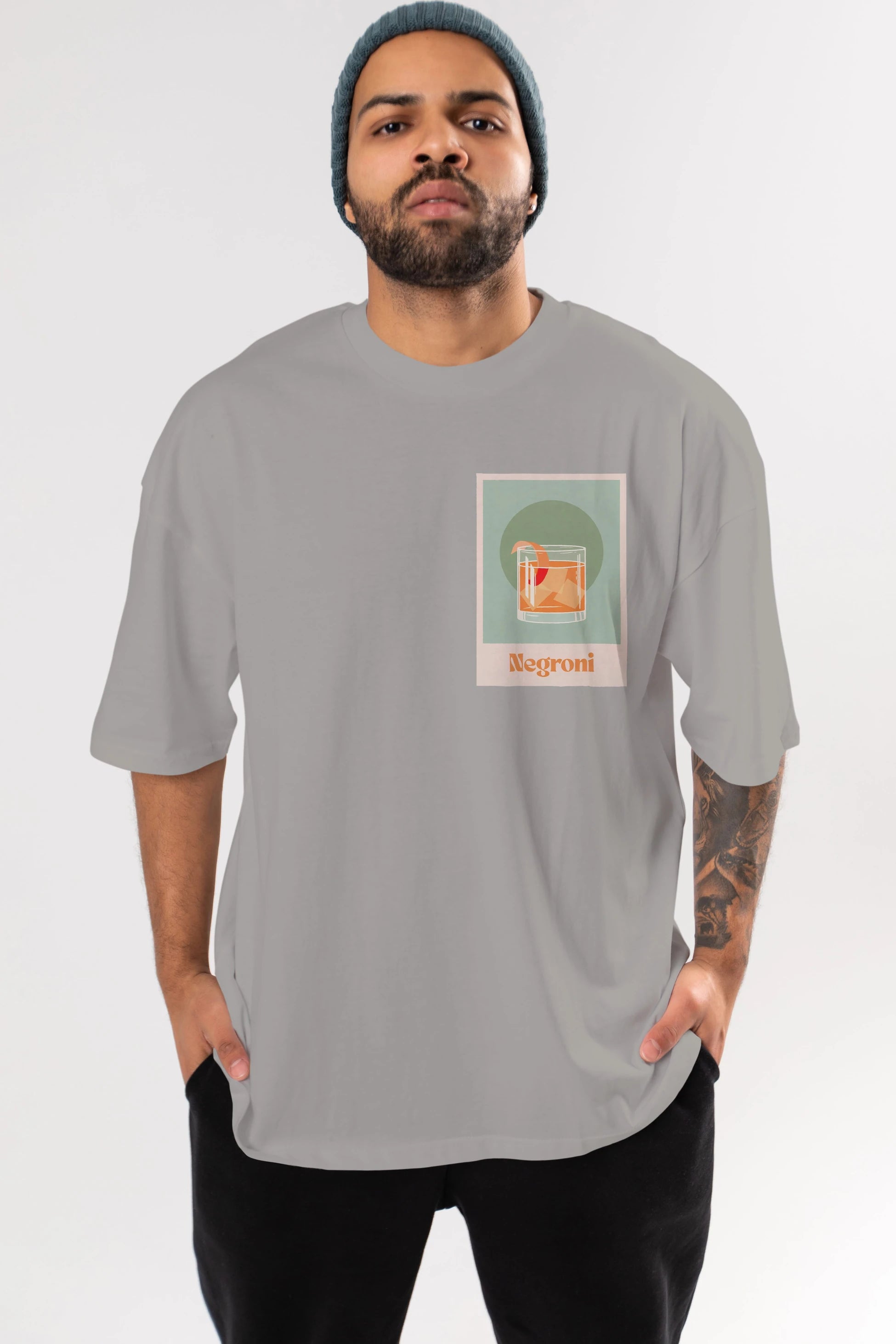Negroni 5 Ön Sol Baskılı Oversize t-shirt Erkek Kadın Unisex %100 Pamuk Bisiklet Yaka tişort