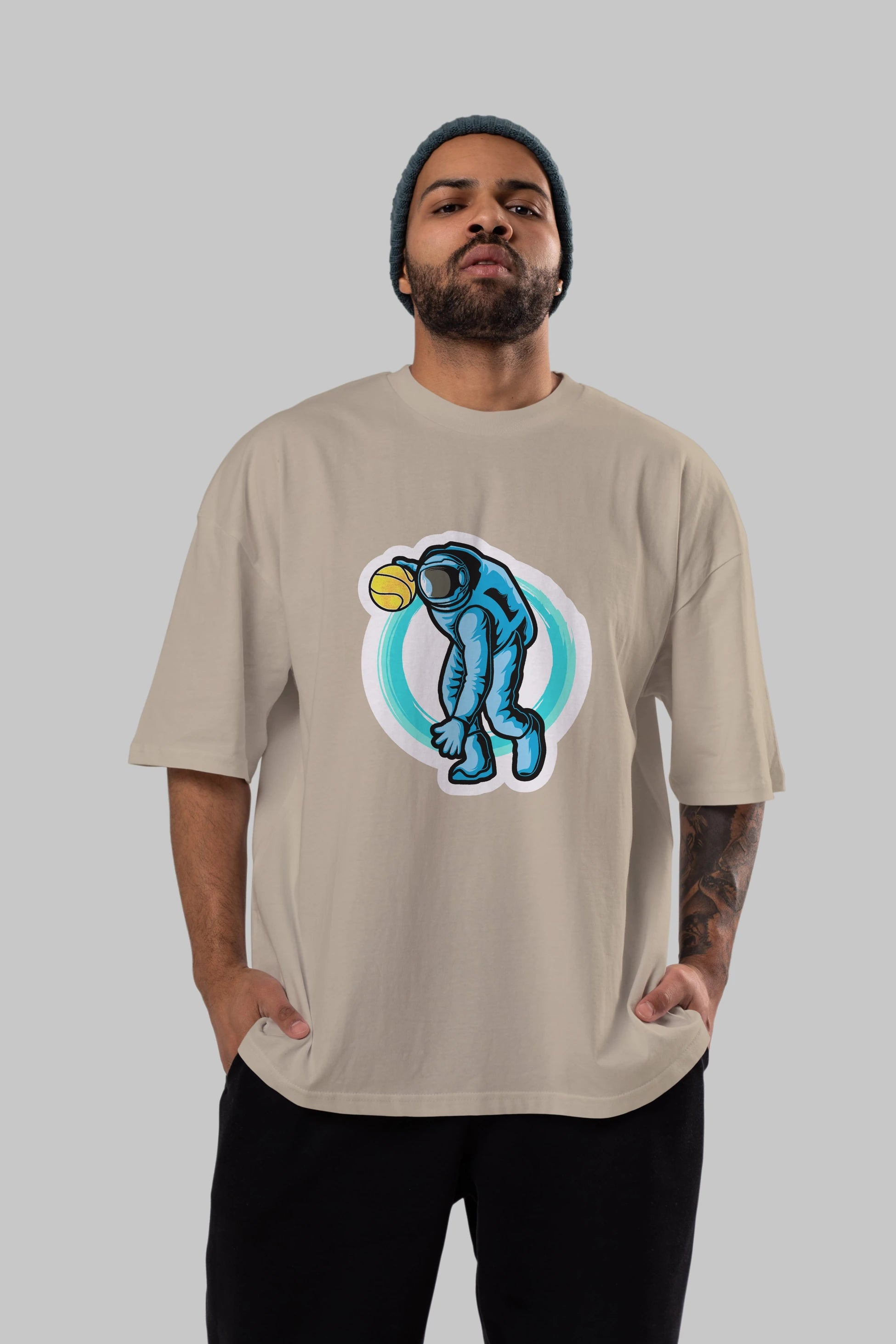 Astronaut Dribble Sticker Ön Baskılı Oversize t-shirt Erkek Kadın Unisex