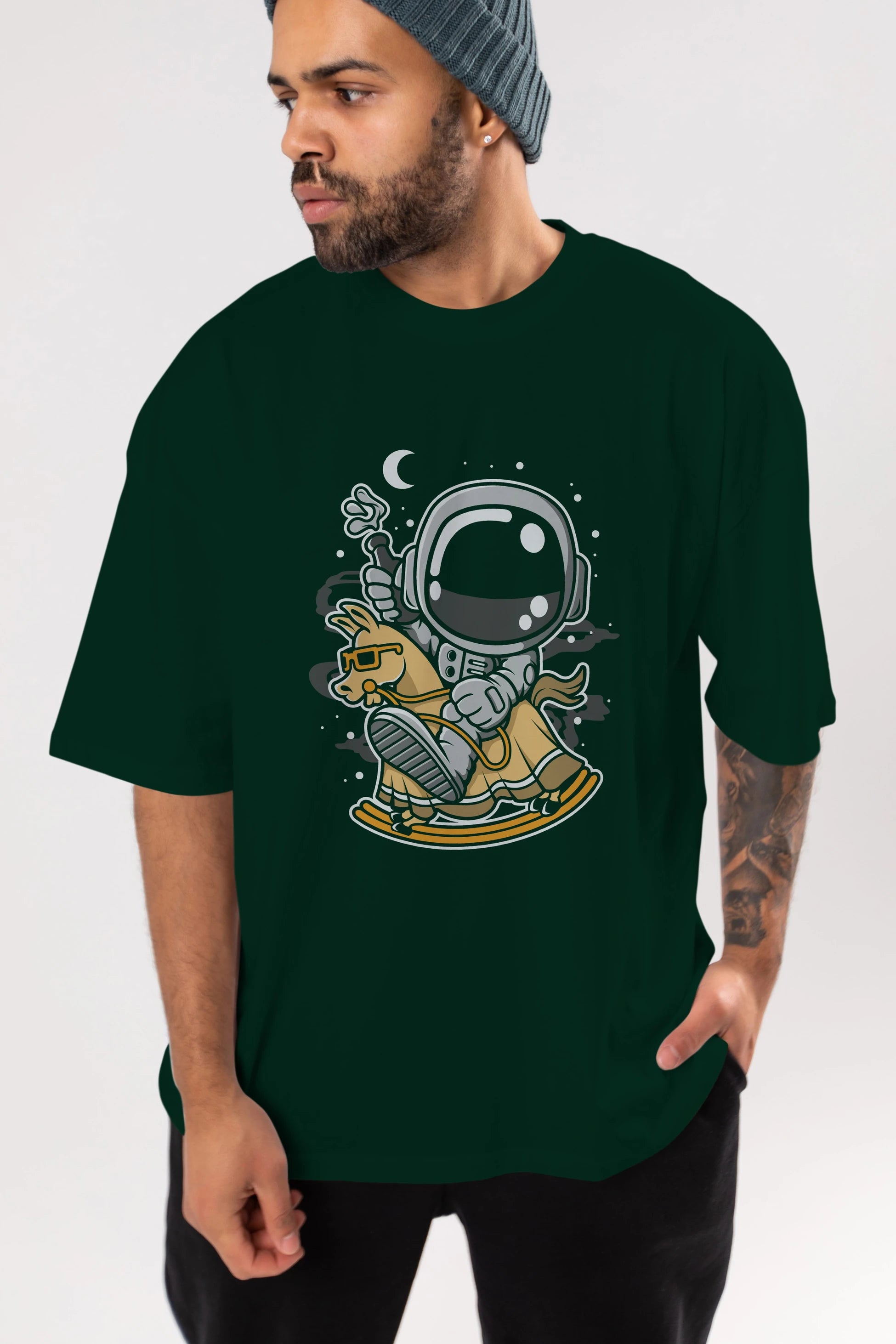 Astronaut RidingToy Horse Ön Baskılı Oversize t-shirt Erkek Kadın Unisex