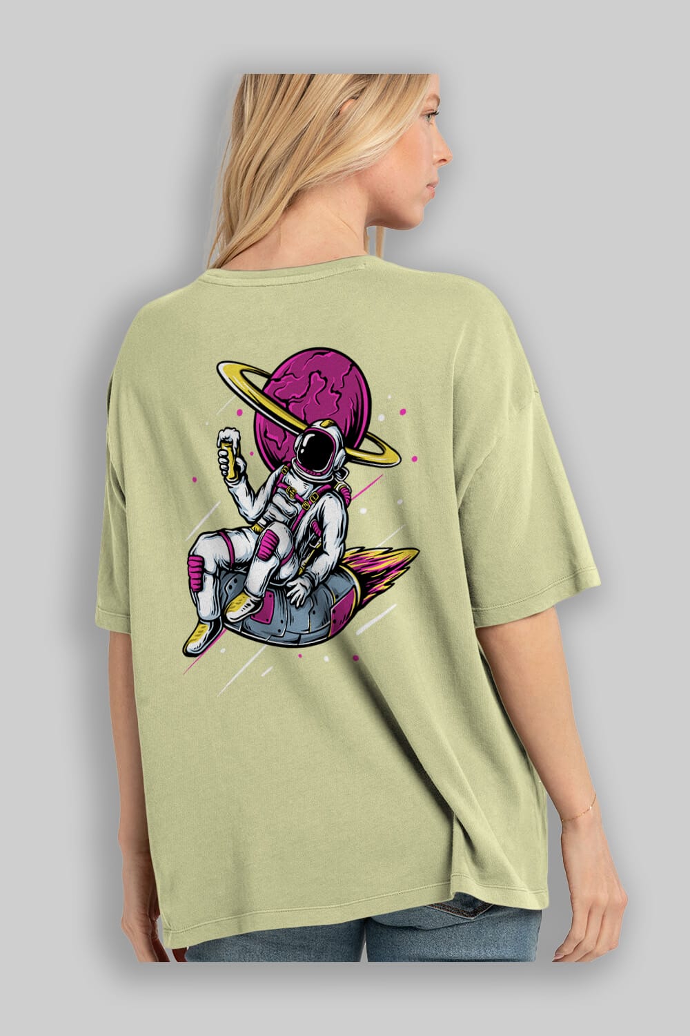 Astronaut Beer Arka Baskılı Oversize t-shirt Erkek Kadın Unisex