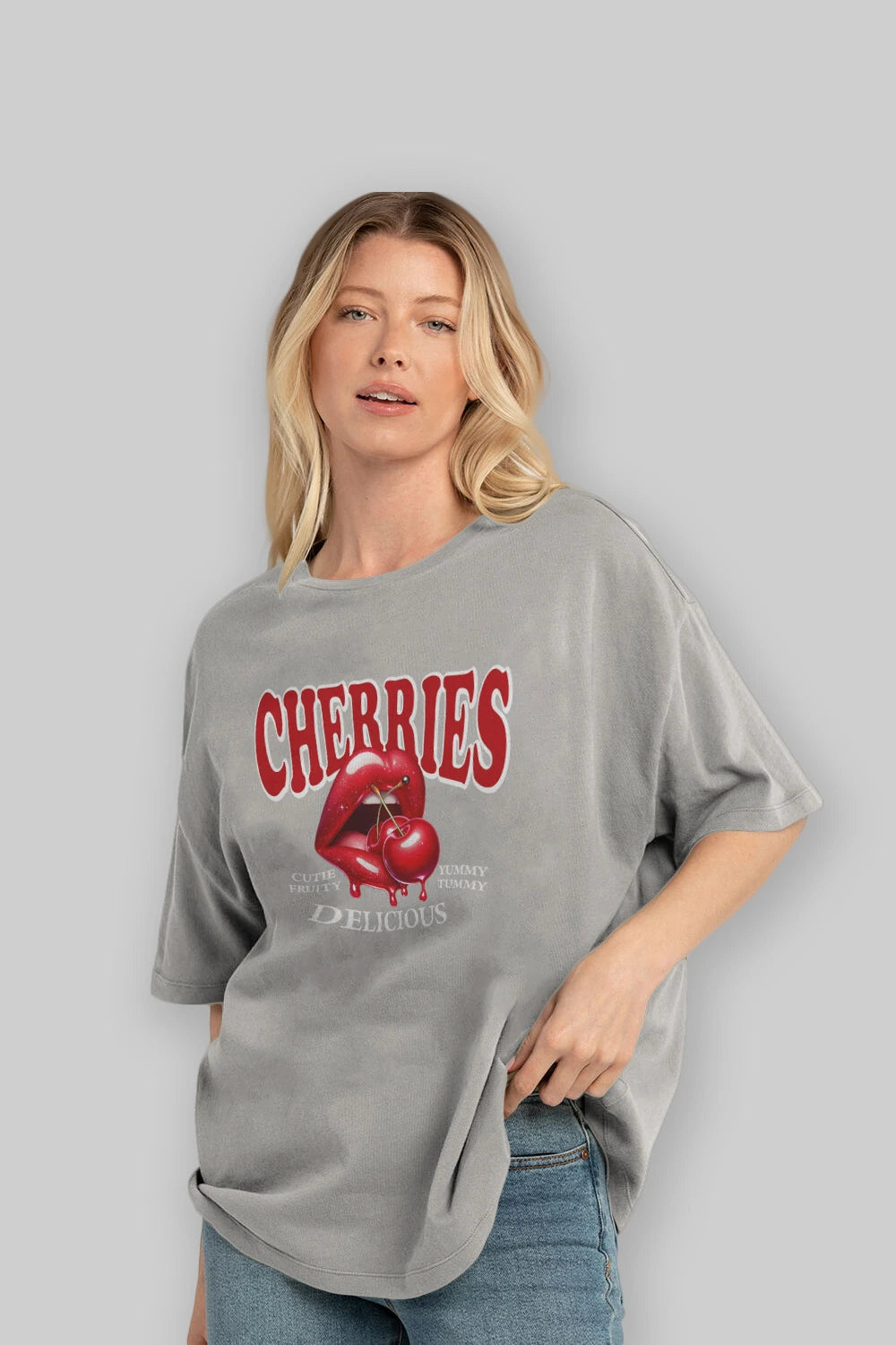 Cherry Cherries 2 Ön Baskılı Oversize t-shirt Erkek Kadın Pamuk Bisiklet Yaka tişort