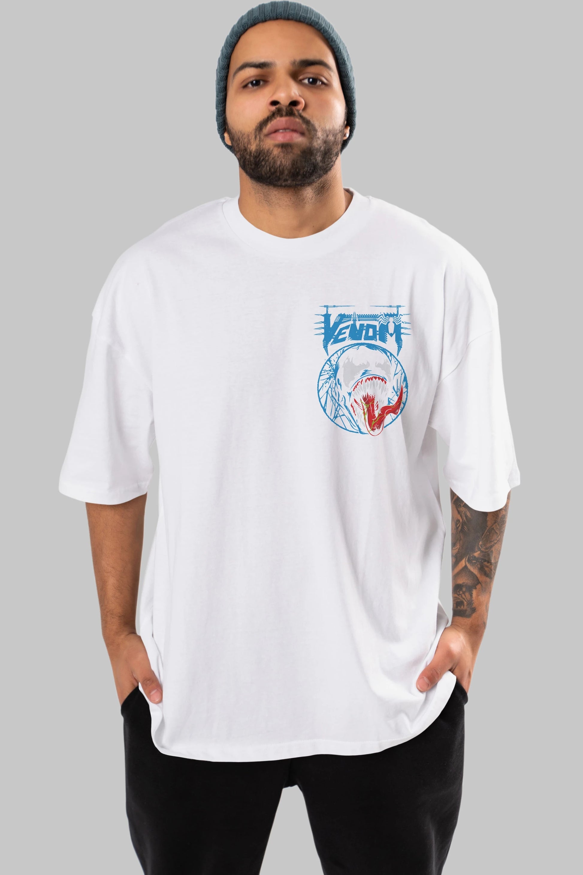Venom (23) Ön Sol Baskılı Oversize t-shirt Erkek Kadın Unisex %100 Pamuk Bisiklet Yaka tişort