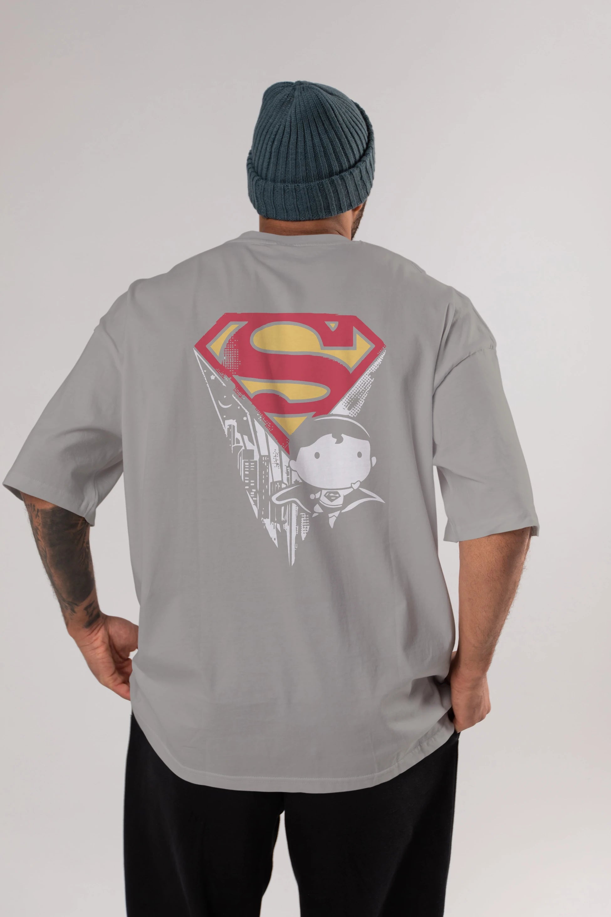 Superman Arka Baskılı Oversize t-shirt Erkek Kadın Unisex %100 Pamuk Bisiklet Yaka tişort