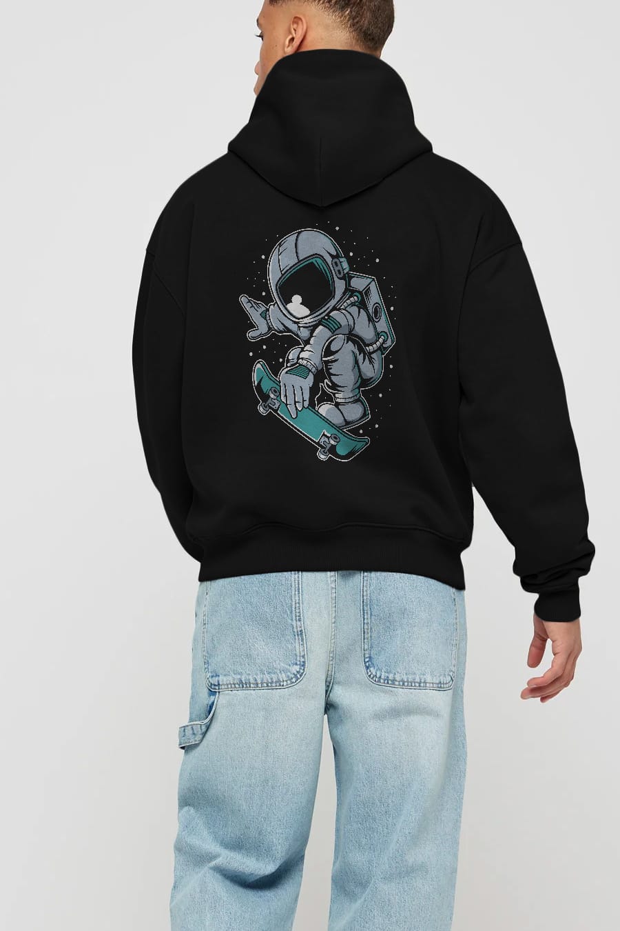 Astronaut Skateboard Jump Arka Baskılı Hoodie Oversize Kapüşonlu Sweatshirt Erkek Kadın Unisex