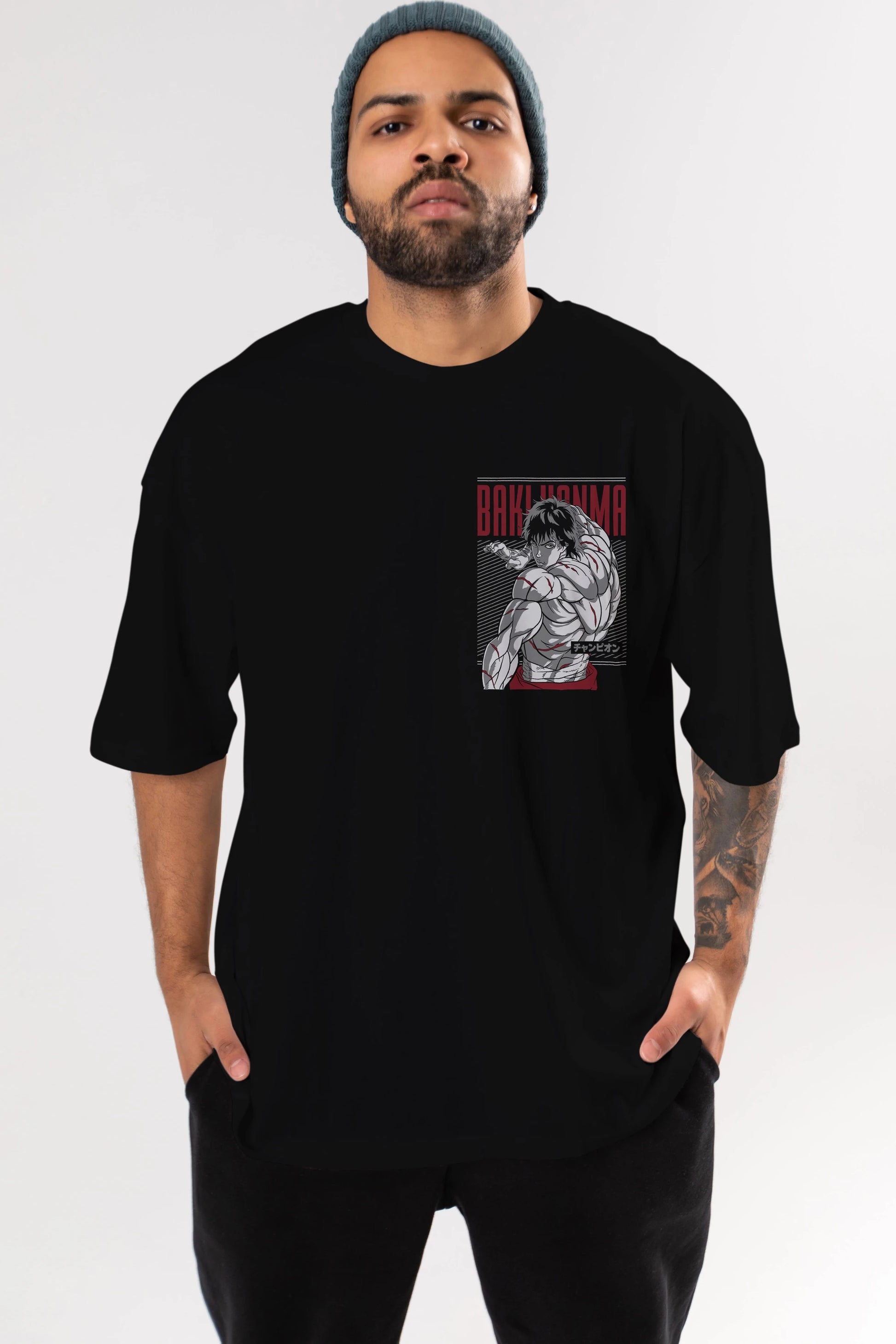 BAKI HANMA Ön Sol Baskılı Oversize t-shirt Erkek Kadın Unisex %100 Pamuk Bisiklet Yaka tişort