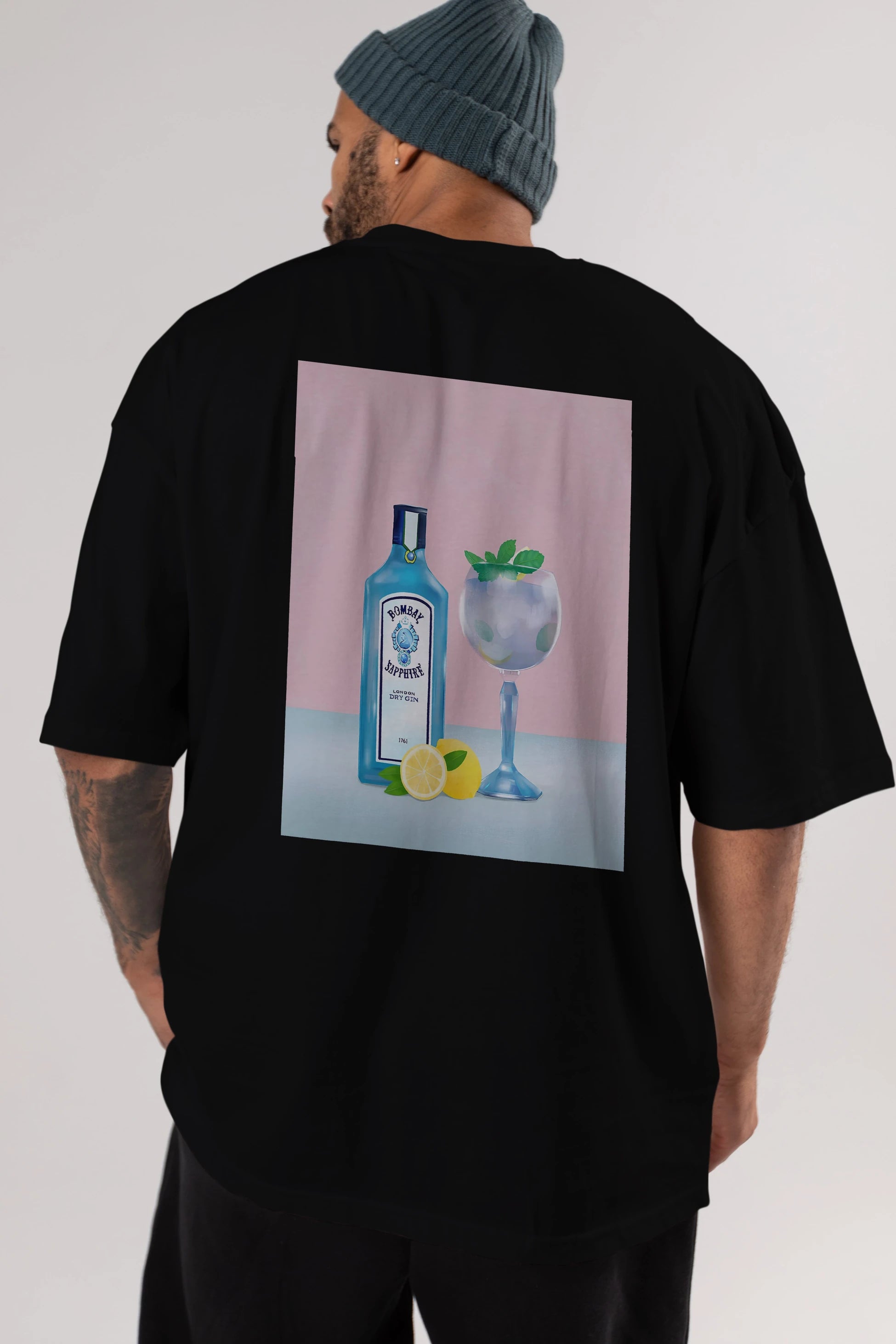 Bombay Sapphire Dry Gin Arka Baskılı Oversize t-shirt Erkek Kadın Unisex %100 Pamuk Bisiklet Yaka tişort