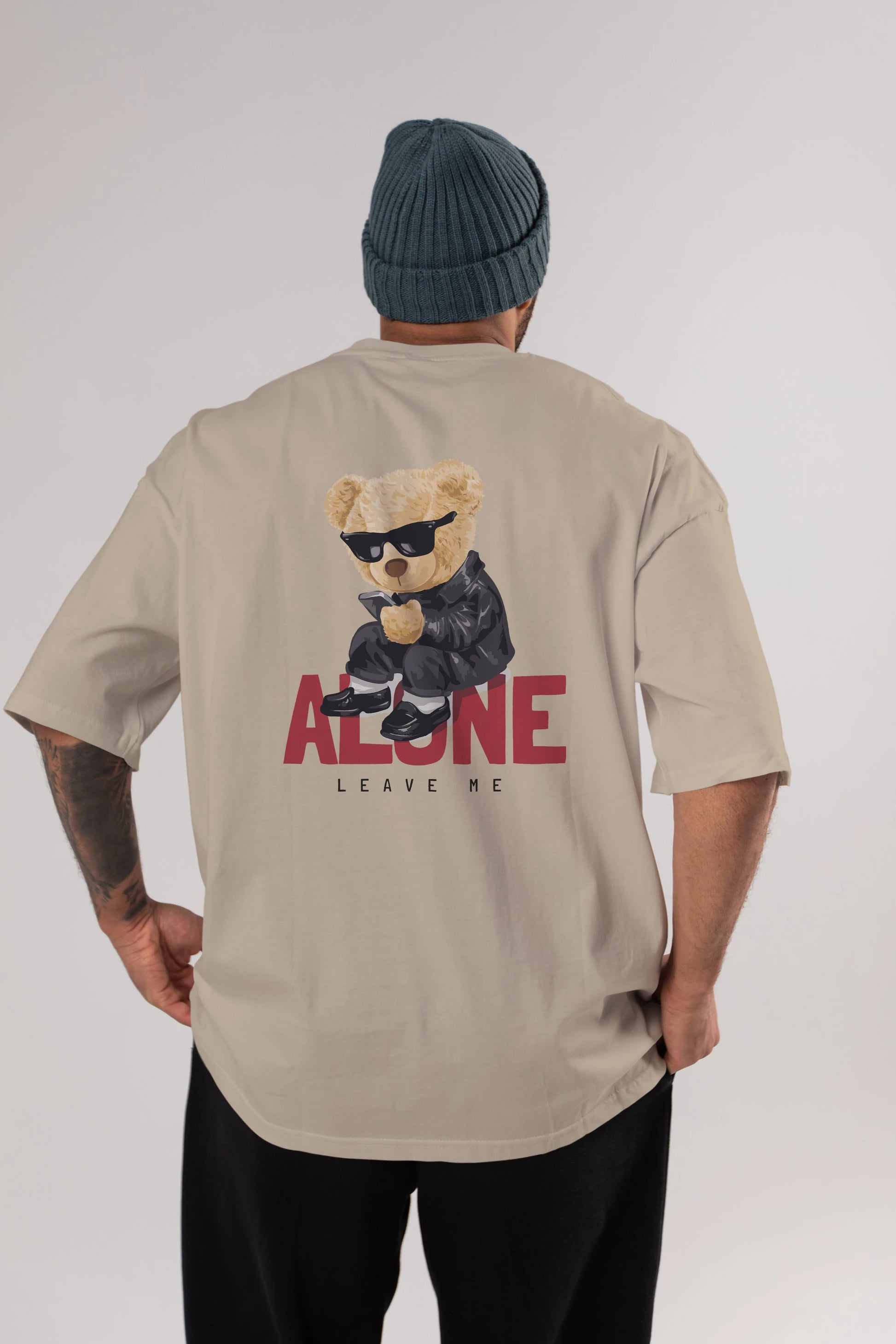 Teddy Bear Alone Arka Baskılı Oversize t-shirt Erkek Kadın Unisex %100 Pamuk