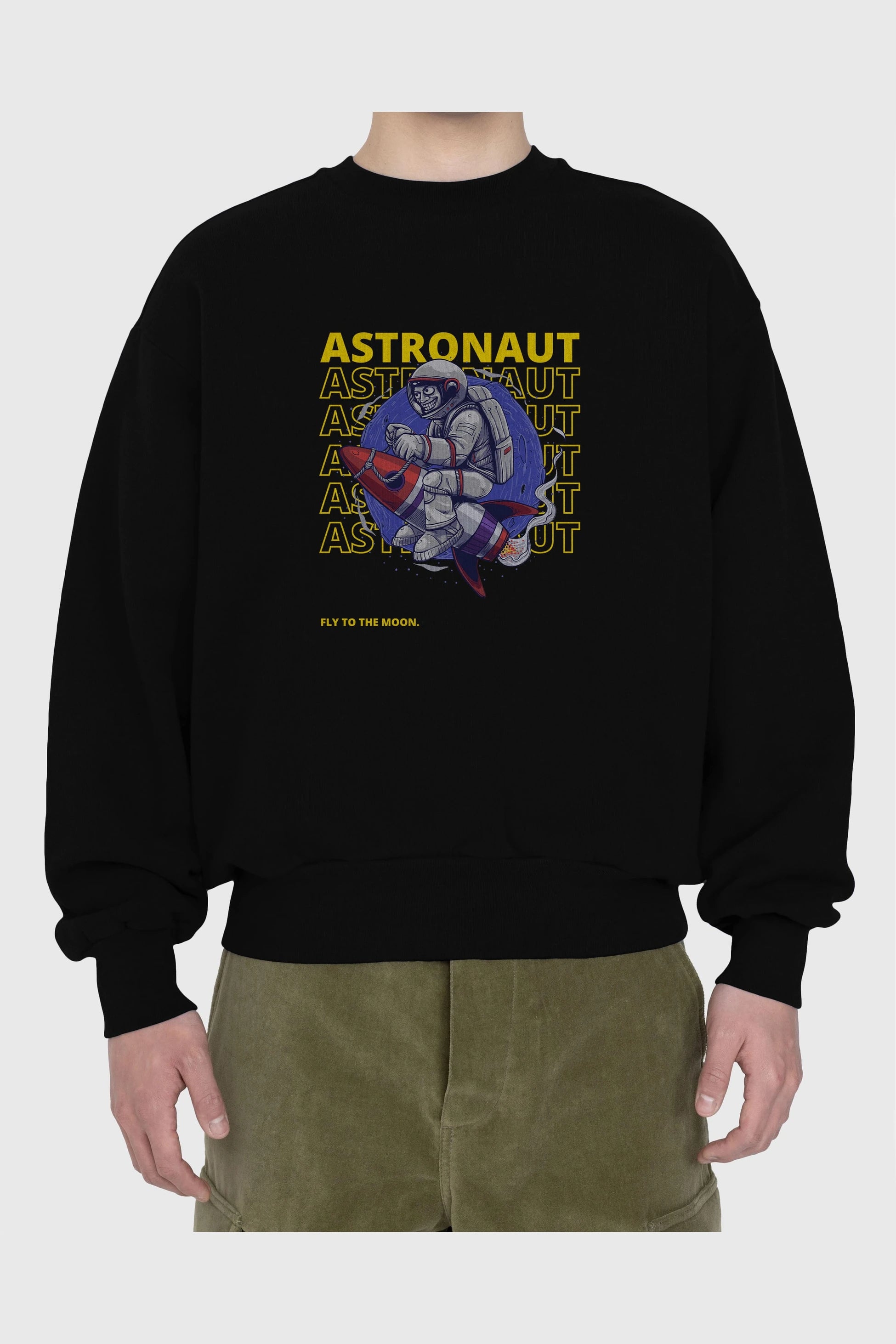 Astronaut Fly to the Moon Yazılı Ön Baskılı Oversize Sweatshirt Erkek Kadın Unisex
