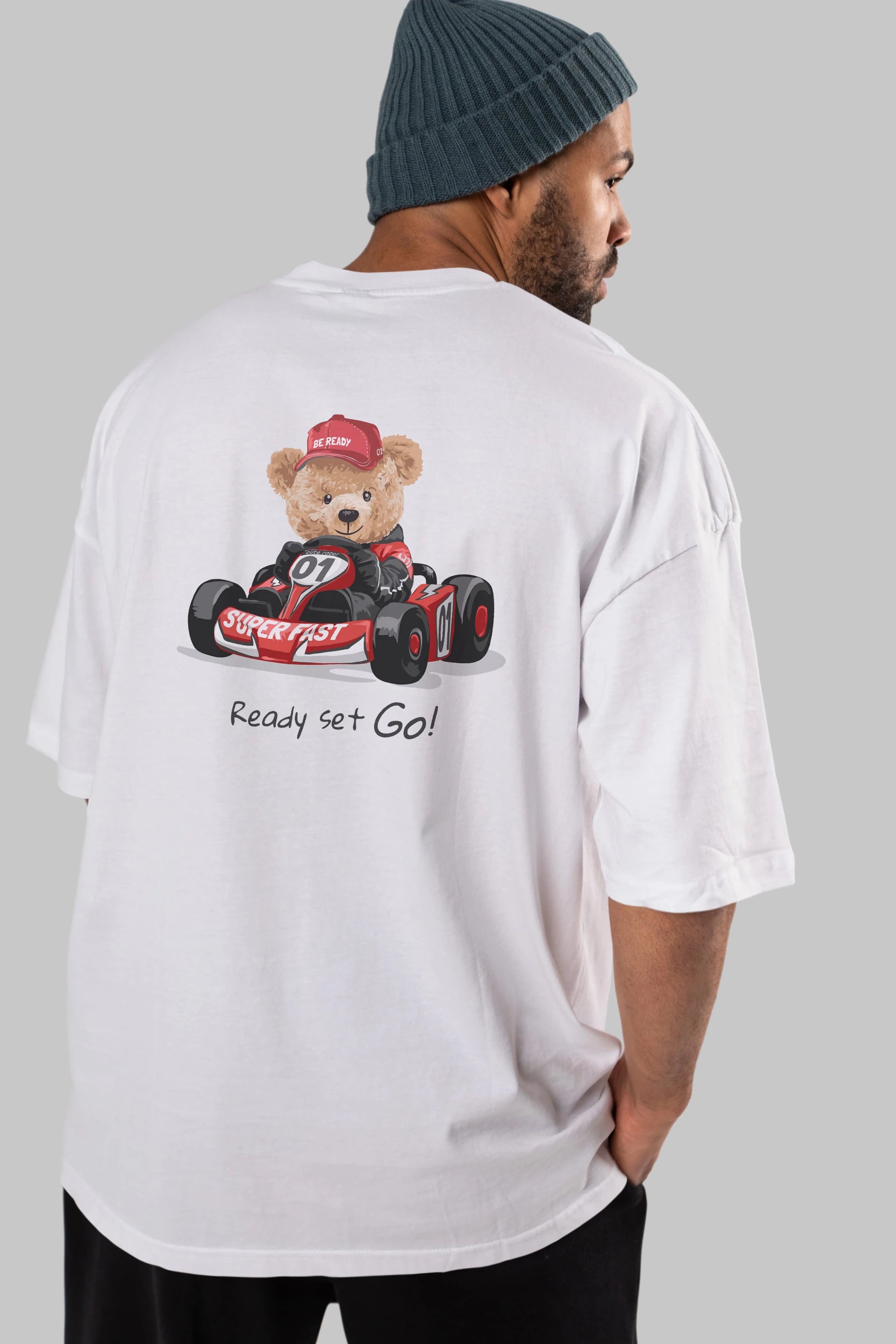 Teddy Bear Ready Set Go Arka Baskılı Oversize t-shirt Erkek Kadın Unisex %100 Pamuk
