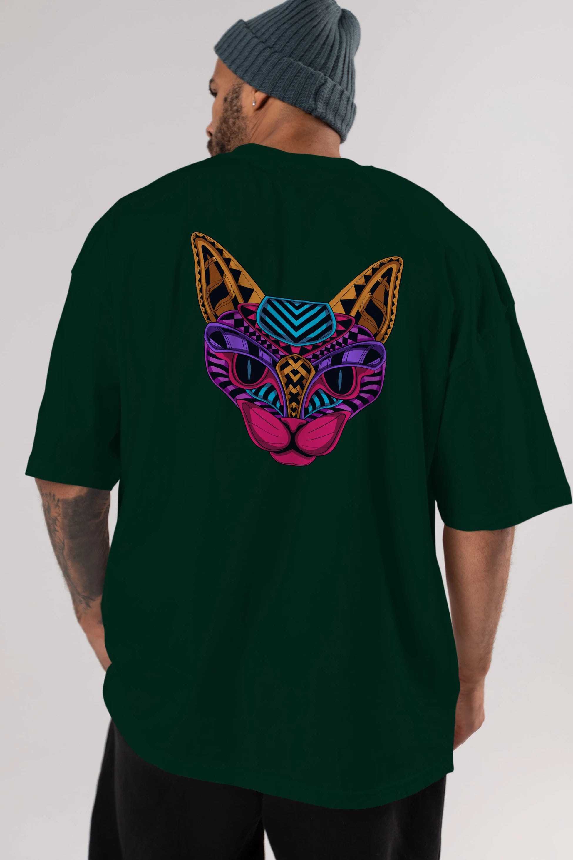 Black Neon Cat Arka Baskılı Oversize t-shirt Erkek Kadın Unisex