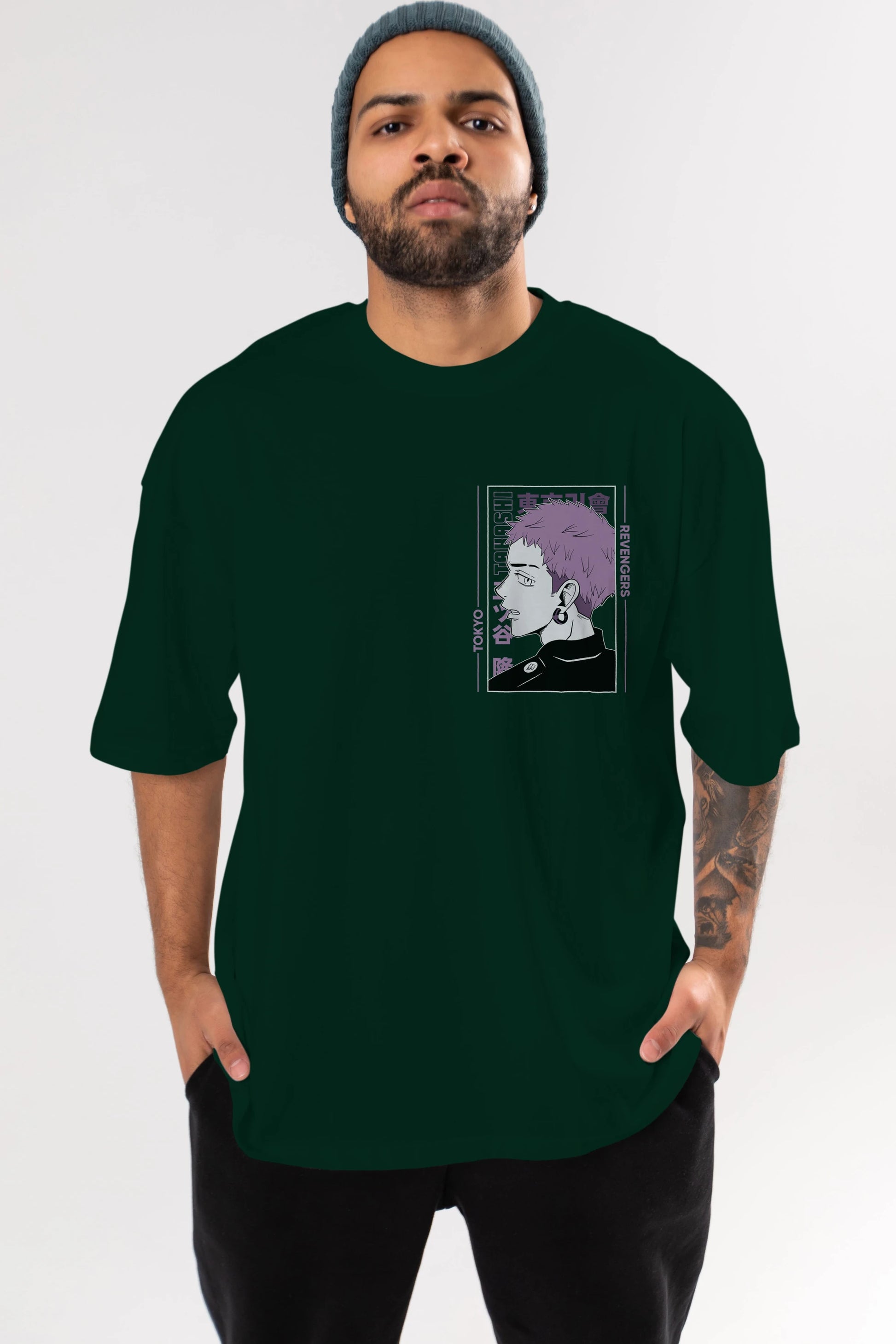 Takashi Mitsuya Ön Sol Baskılı Oversize t-shirt Erkek Kadın Unisex %100 Pamuk Bisiklet Yaka tişort