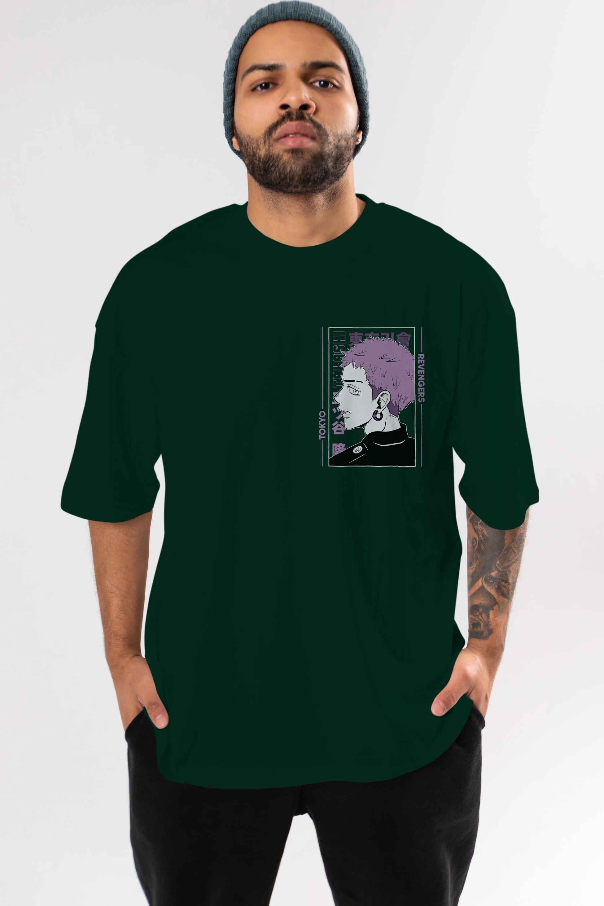 Takashi Mitsuya Ön Sol Baskılı Oversize t-shirt Erkek Kadın Unisex %100 Pamuk Bisiklet Yaka tişort