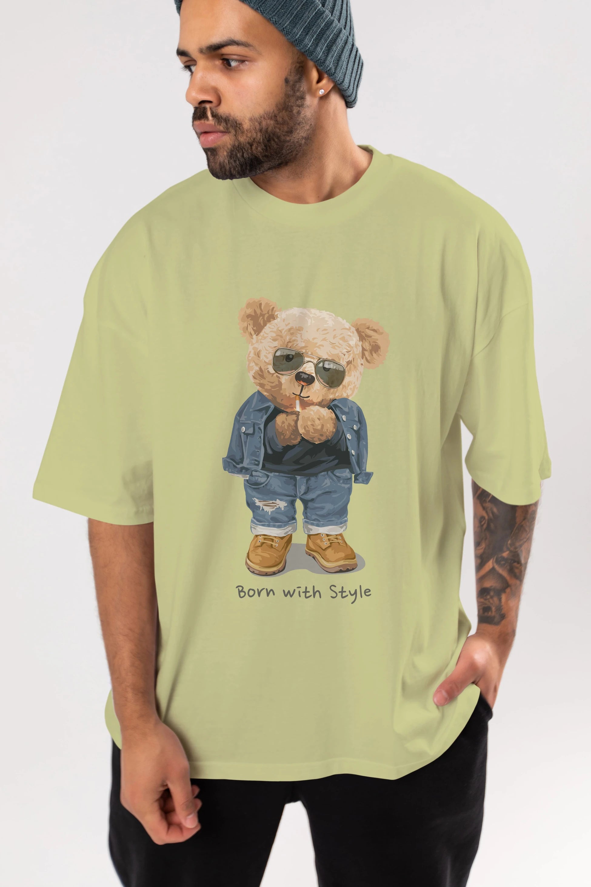 Teddy Bear Born With Style Ön Baskılı Oversize t-shirt Erkek Kadın Unisex %100 Pamuk