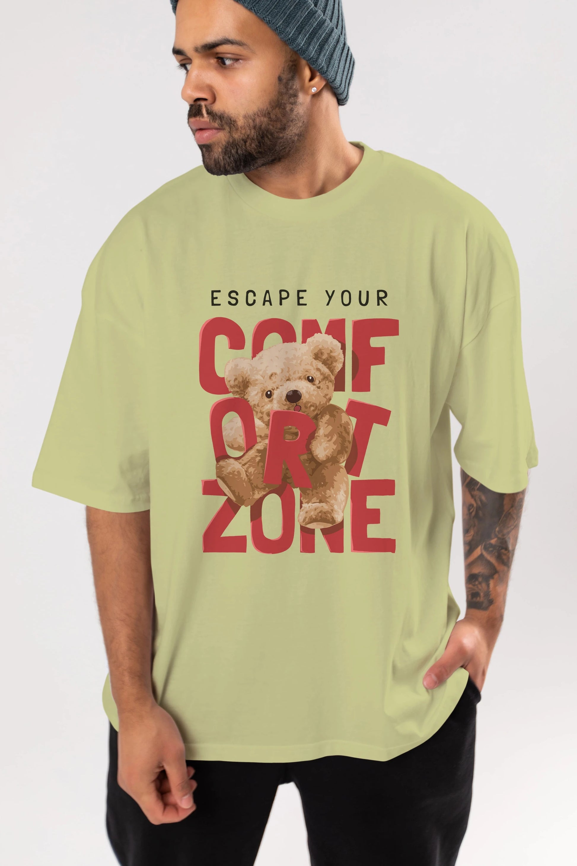 Teddy Bear Escape Comfort Zone Ön Baskılı Oversize t-shirt Erkek Kadın Unisex %100 Pamuk