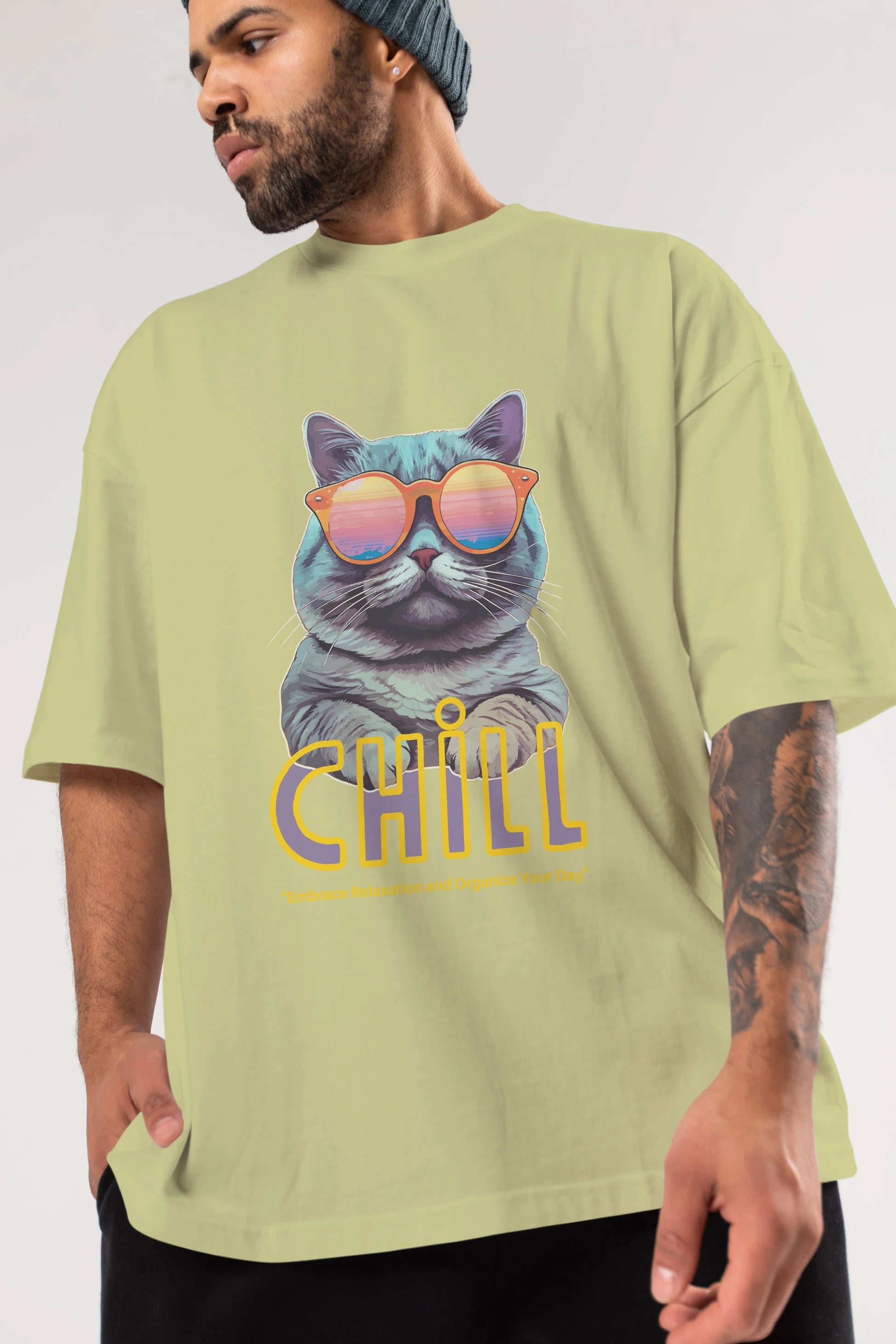 Chill Cat Ön Baskılı Oversize t-shirt Erkek Kadın Unisex