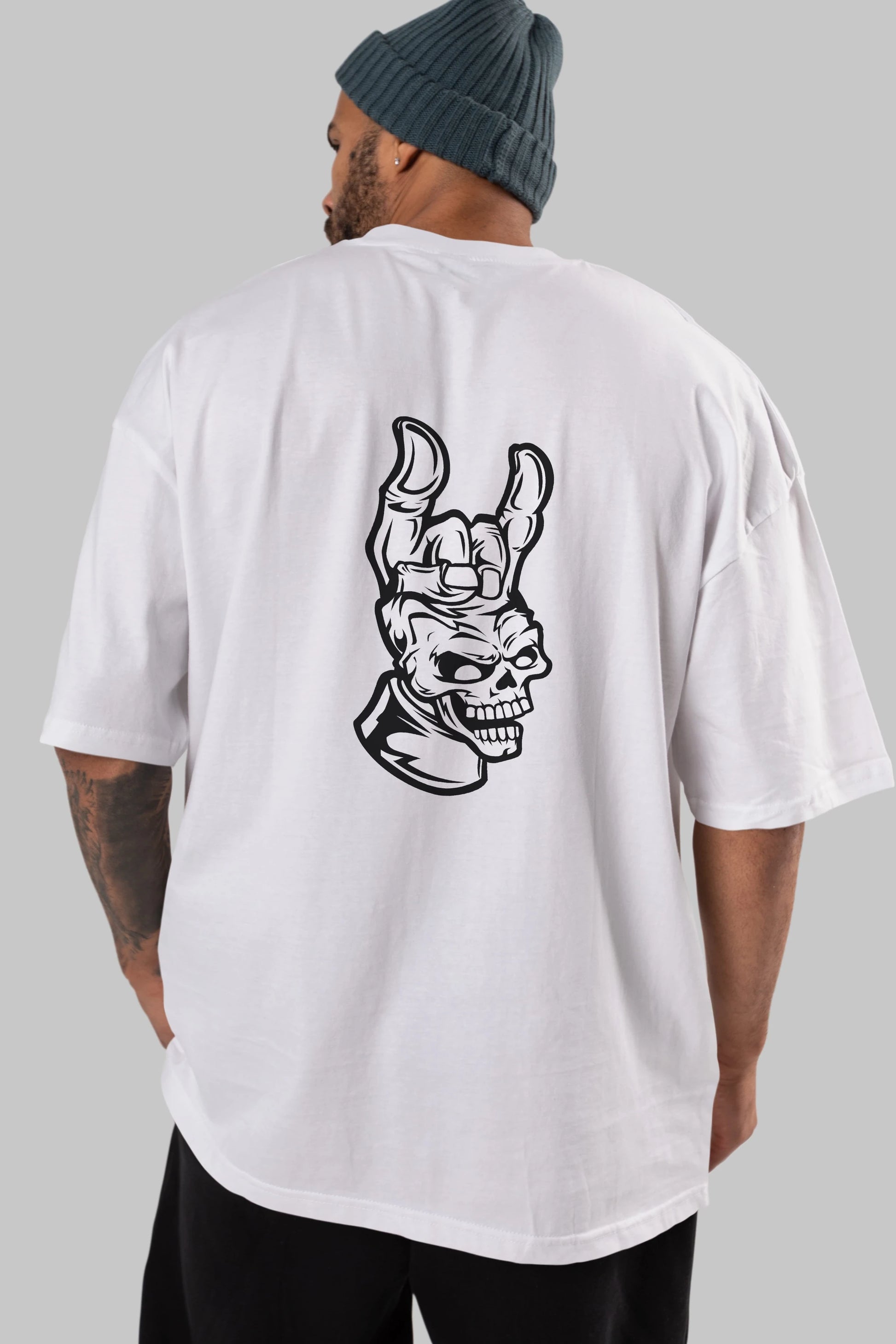 Hand Metal Skull Arka Baskılı Oversize t-shirt Erkek Kadın Unisex %100 Pamuk tişort