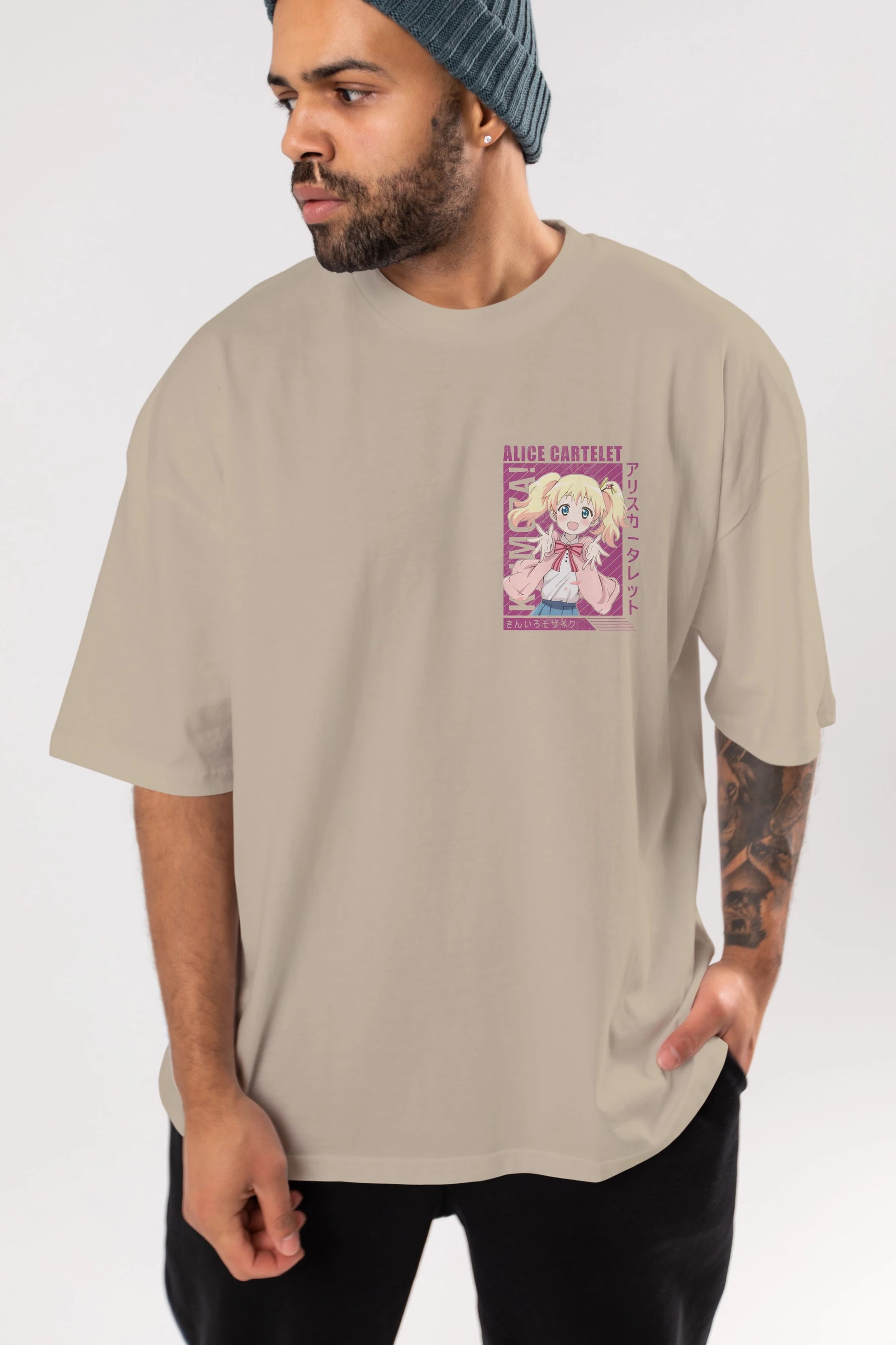 Alice Cartelet 12 Ön Sol Baskılı Oversize t-shirt Erkek Kadın Unisex %100 Pamuk Bisiklet Yaka tişort