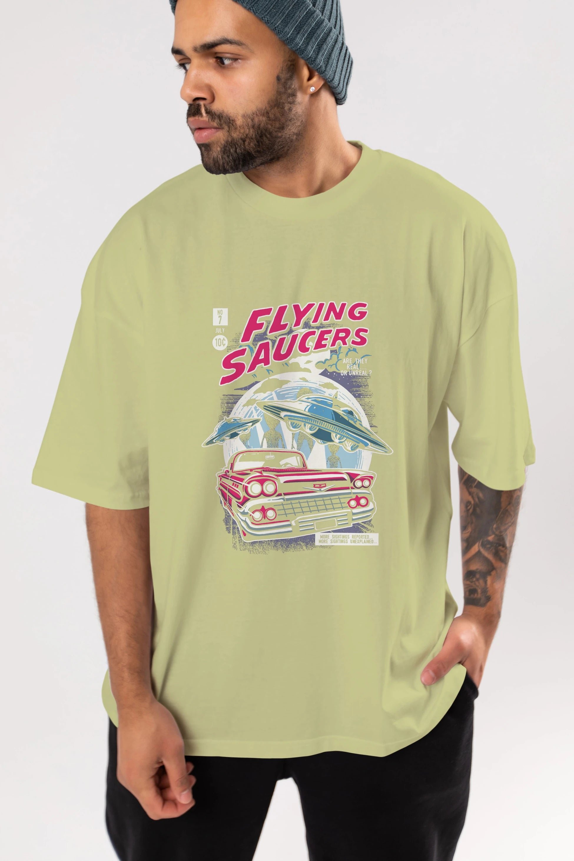 Flying Saucers Ön Baskılı Oversize t-shirt Erkek Kadın Unisex %100 Pamuk tişort