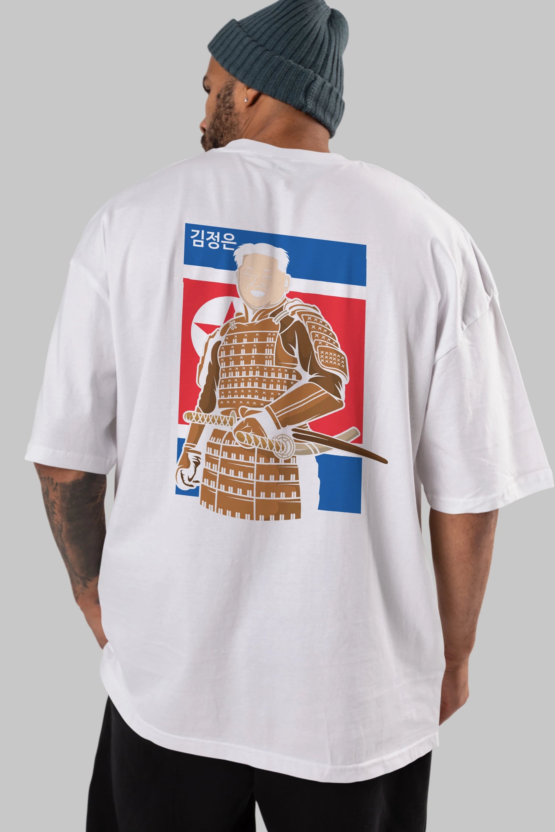 Samurai Jong Un Arka Baskılı Oversize t-shirt Erkek Kadın Unisex %100 Pamuk tişort