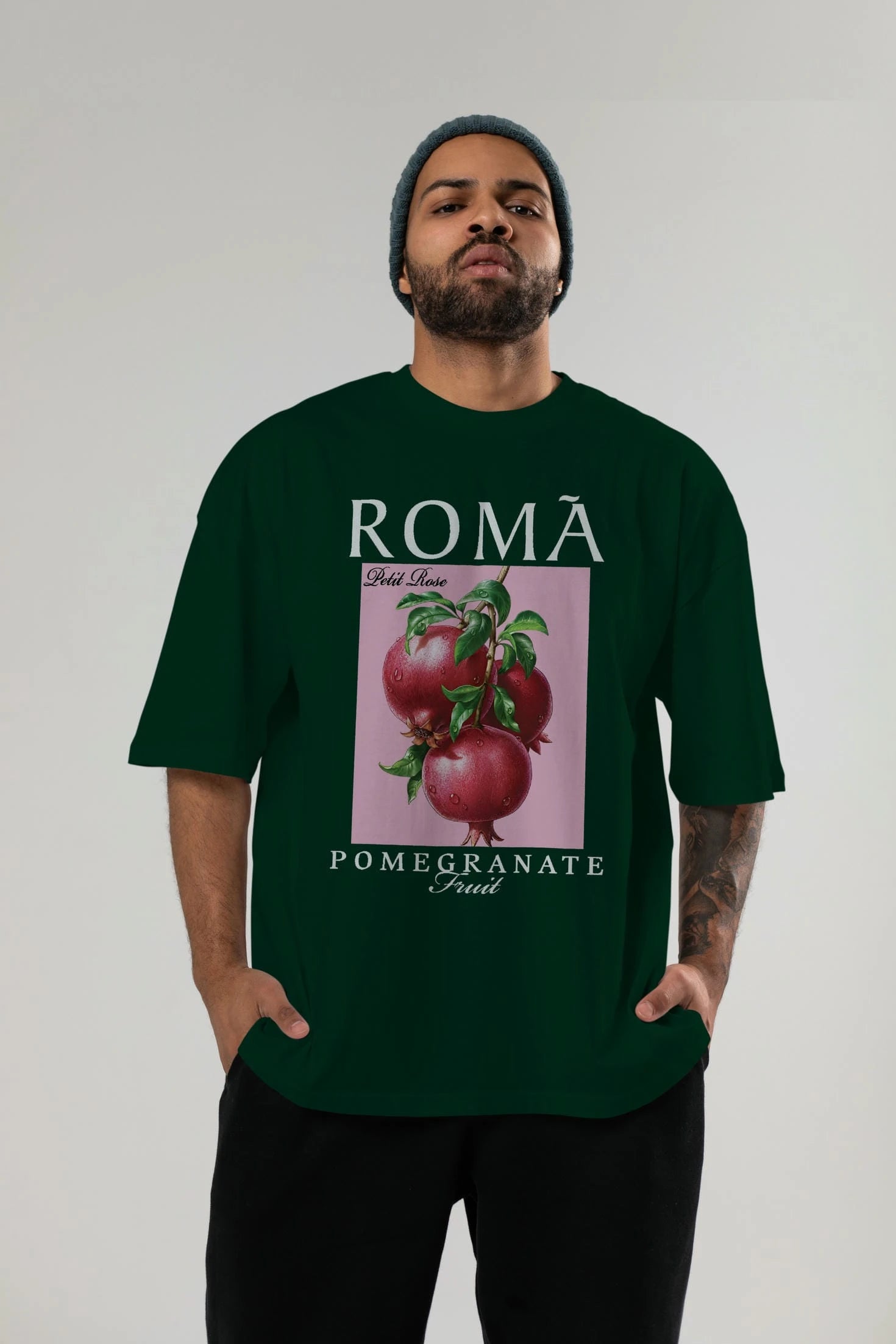Roma Pomegranate Nar Ön Baskılı Oversize t-shirt Erkek Kadın Pamuk Bisiklet Yaka tişort