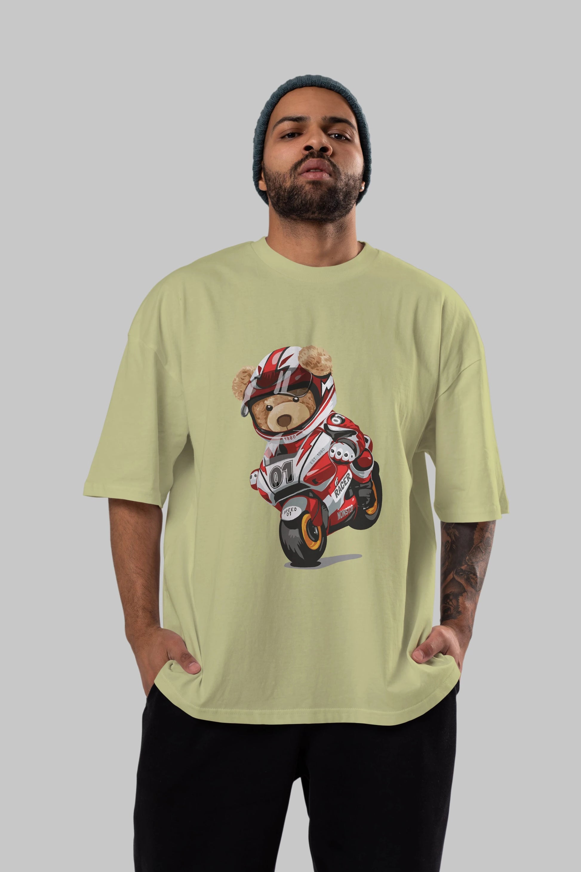 Teddy Bear Racer Ön Baskılı Oversize t-shirt Erkek Kadın Unisex %100 Pamuk