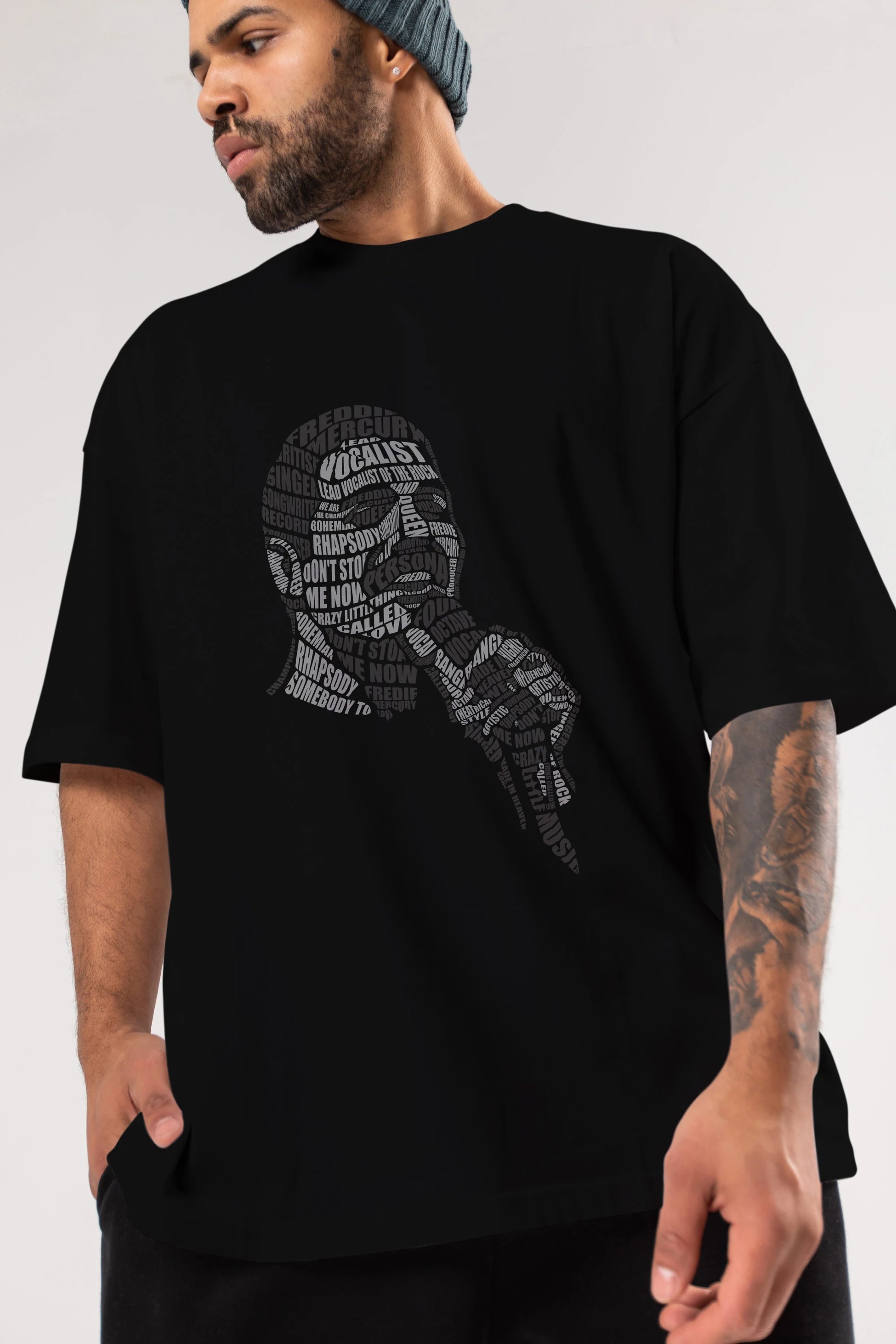 Freddy Mercuri Calligram Ön Baskılı Oversize t-shirt %100 pamuk Erkek Kadın Unisex