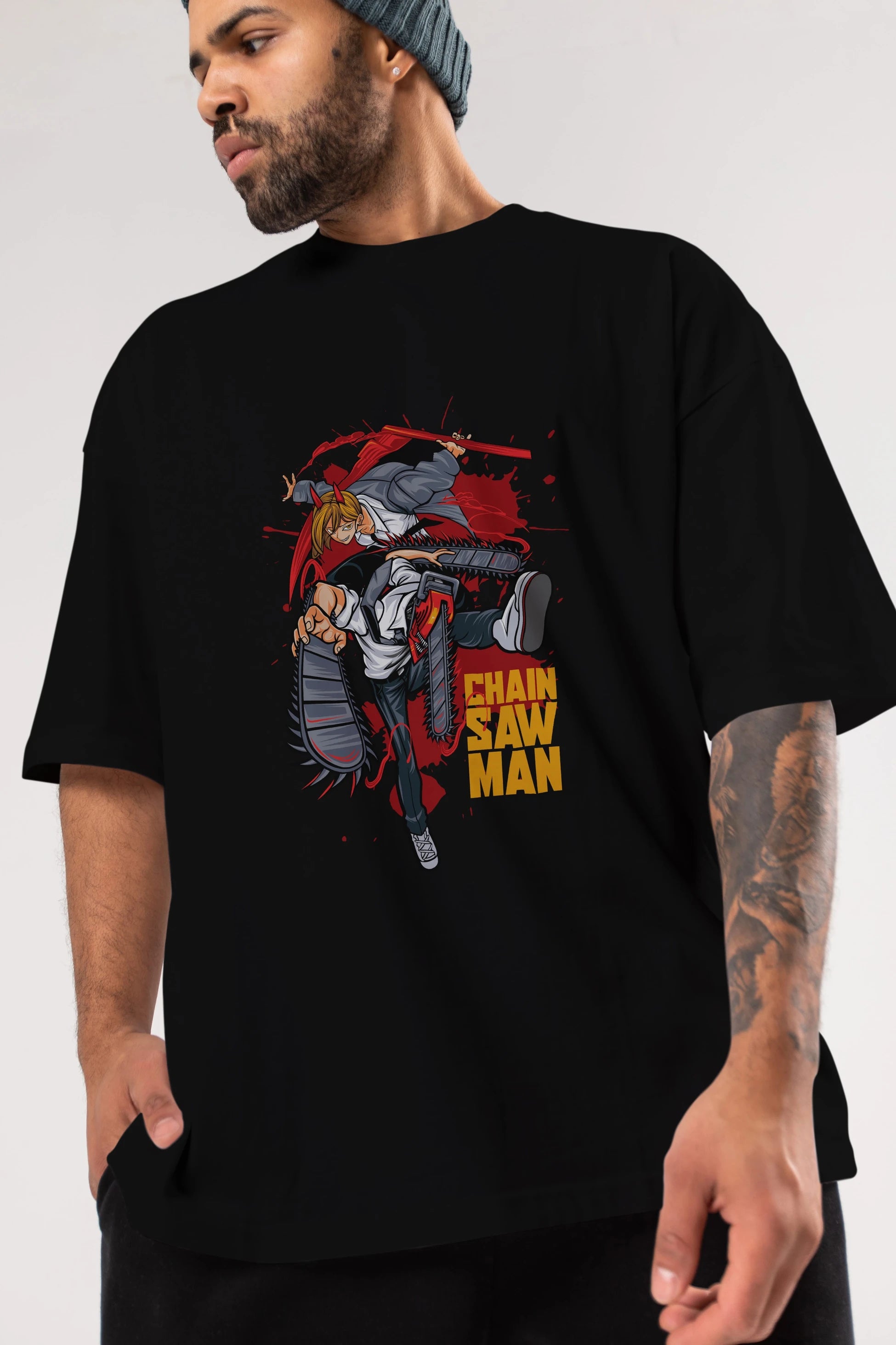 DENJI and POWER Anime Ön Baskılı Oversize t-shirt %100 pamuk Erkek Kadın Unisex