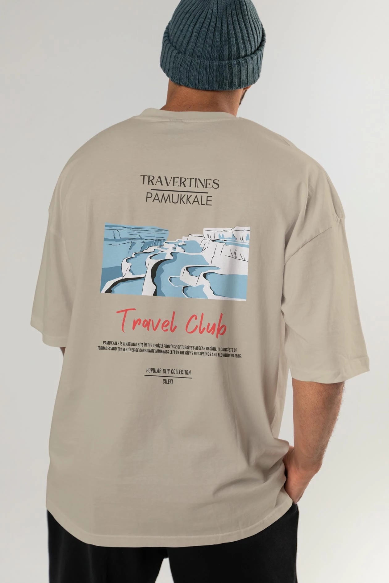 Travertines Pamukkale Arka Baskılı Oversize t-shirt Erkek Kadın Pamuk Bisiklet Yaka tişort