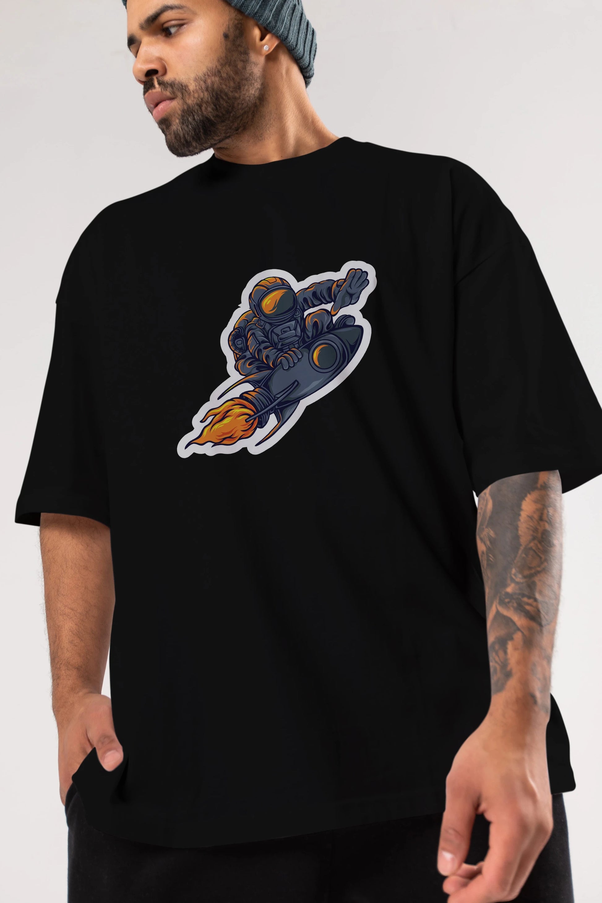 Astrocket Illustration Sticker Ön Baskılı Oversize t-shirt Erkek Kadın Unisex