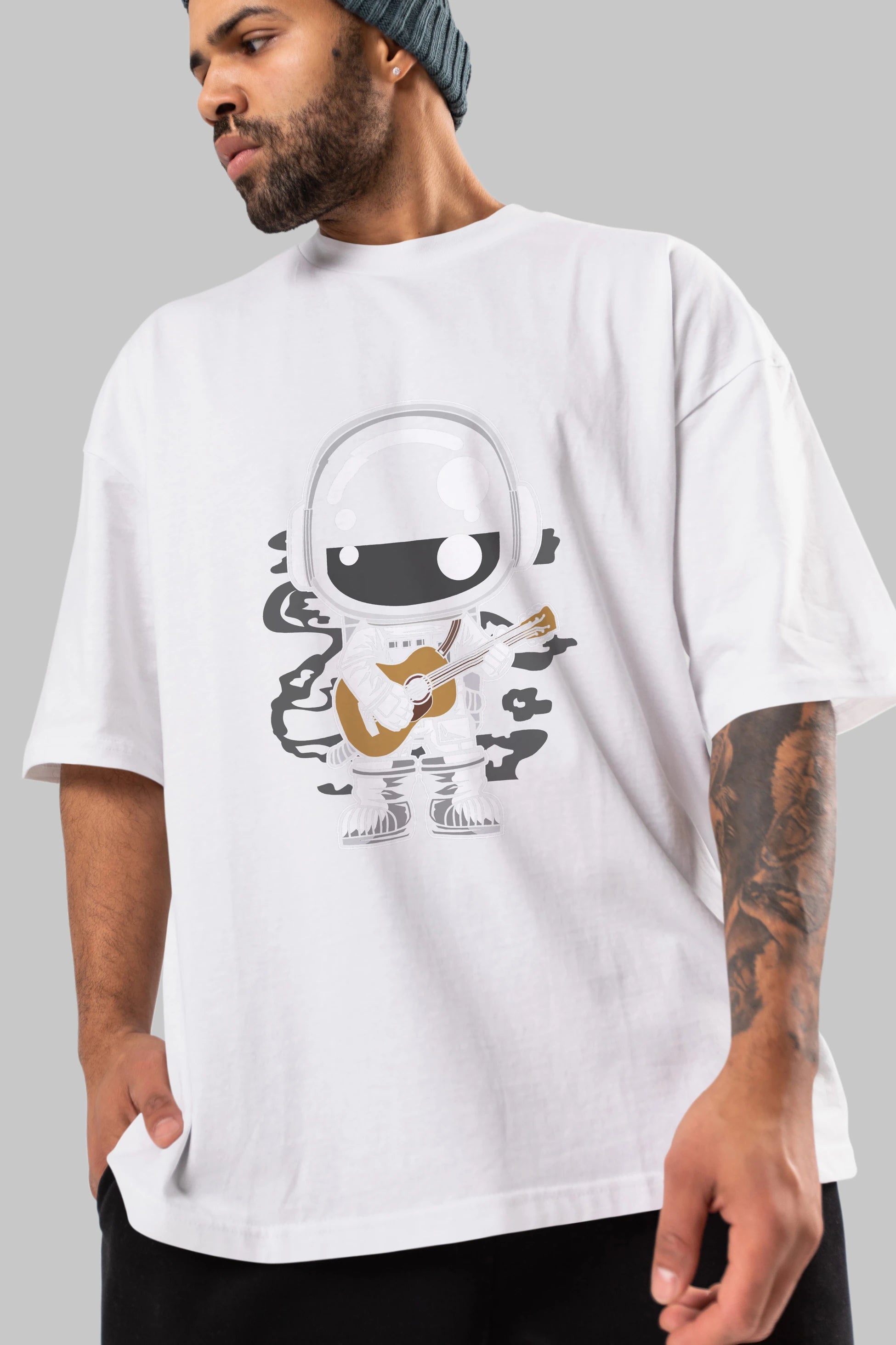 Astronaut Acoustic Guitar Ön Baskılı Oversize t-shirt Erkek Kadın Unisex
