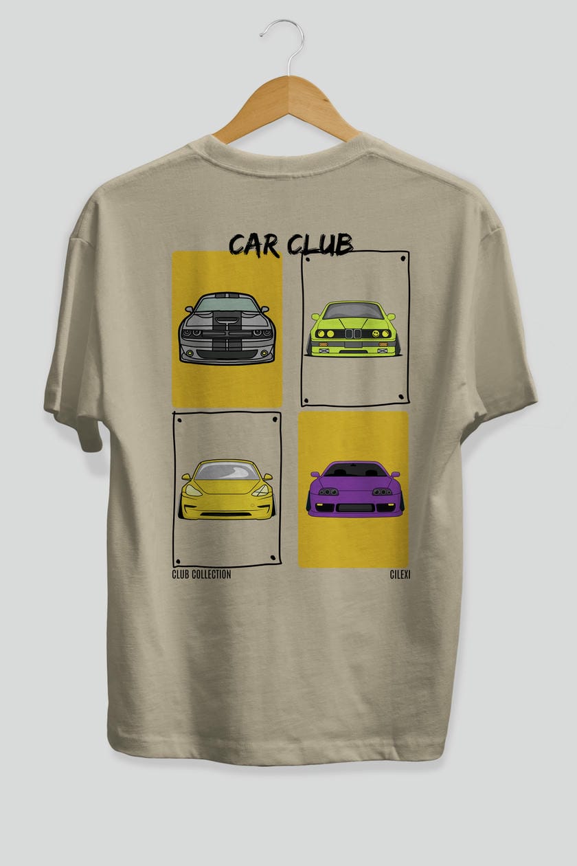 Car Club Arka Baskılı Oversize t-shirt Erkek Kadın %100 Pamuk Bisiklet Yaka tişort
