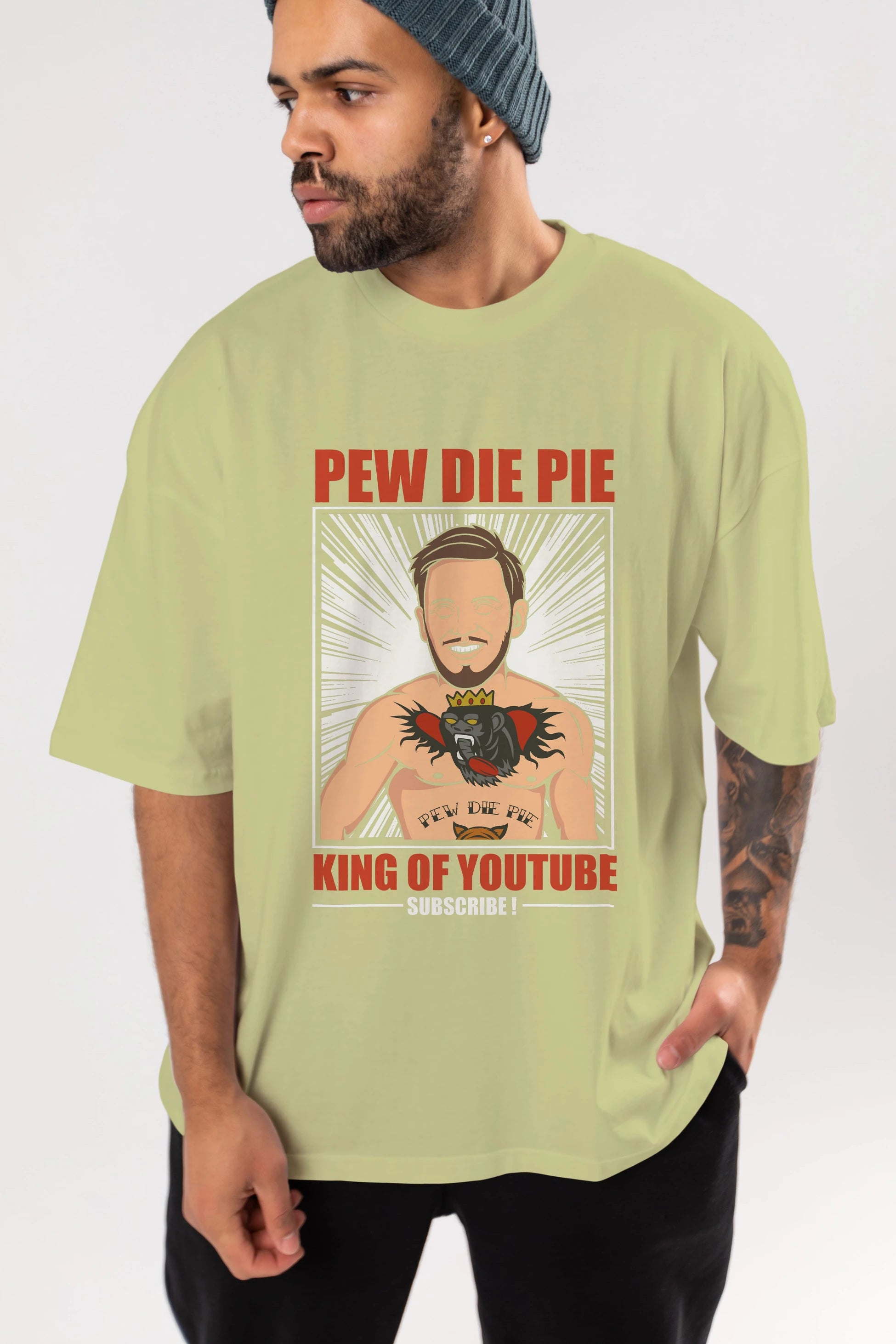 Pew Die Pie Fighter Ön Baskılı Oversize t-shirt Erkek Kadın Unisex %100 Pamuk tişort
