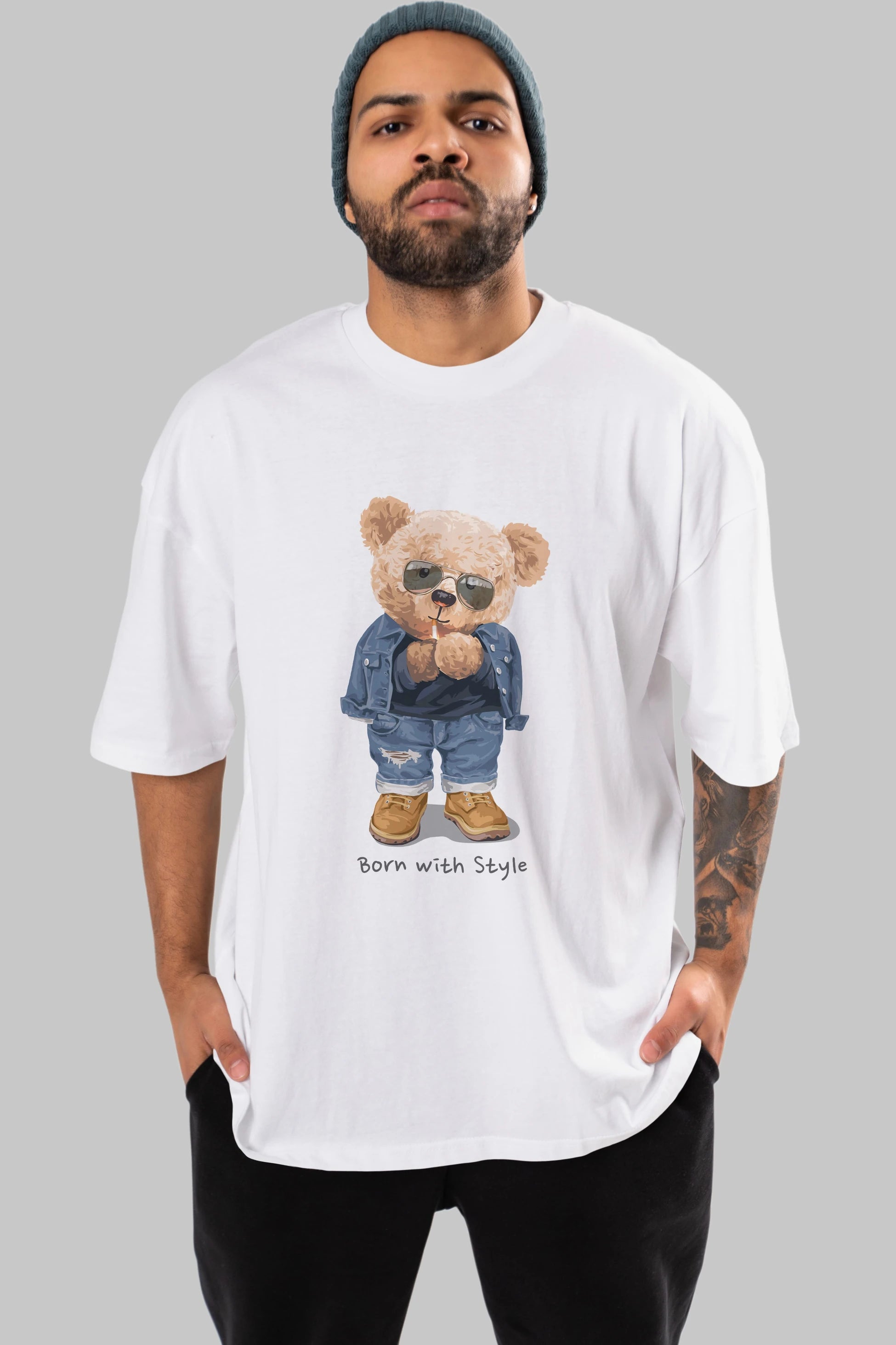 Teddy Bear Born With Style Ön Baskılı Oversize t-shirt Erkek Kadın Unisex %100 Pamuk