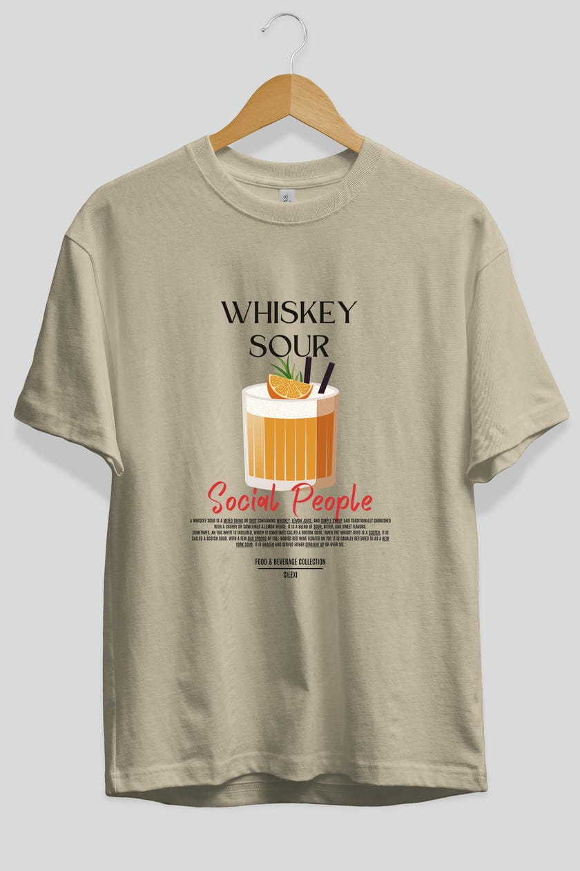 Whıskey Sour Kokteyl Serisi ön Baskılı Oversize t-shirt Erkek Kadın %100 Pamuk Bisiklet Yaka tişort