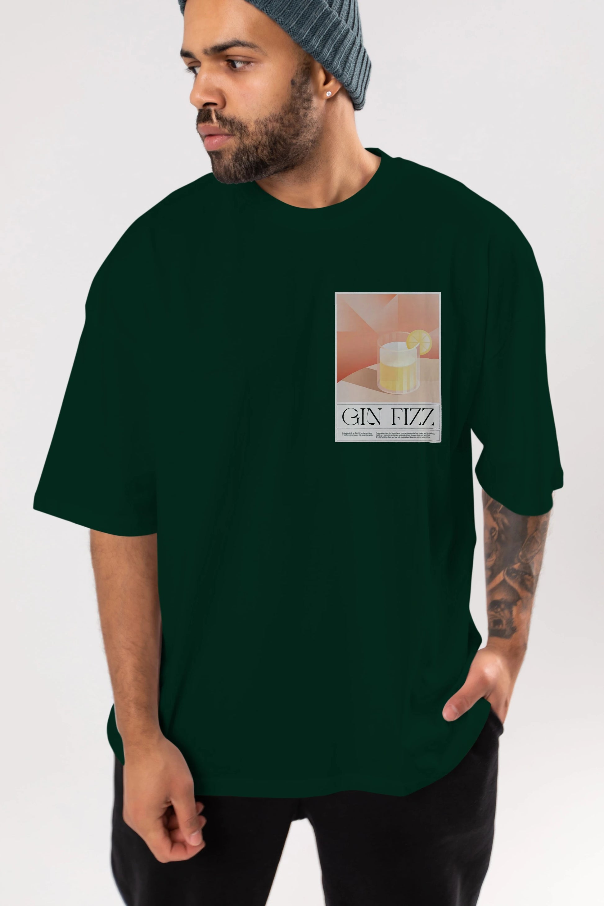 Gin Fizz Ön Sol Baskılı Oversize t-shirt Erkek Kadın Unisex %100 Pamuk Bisiklet Yaka tişort