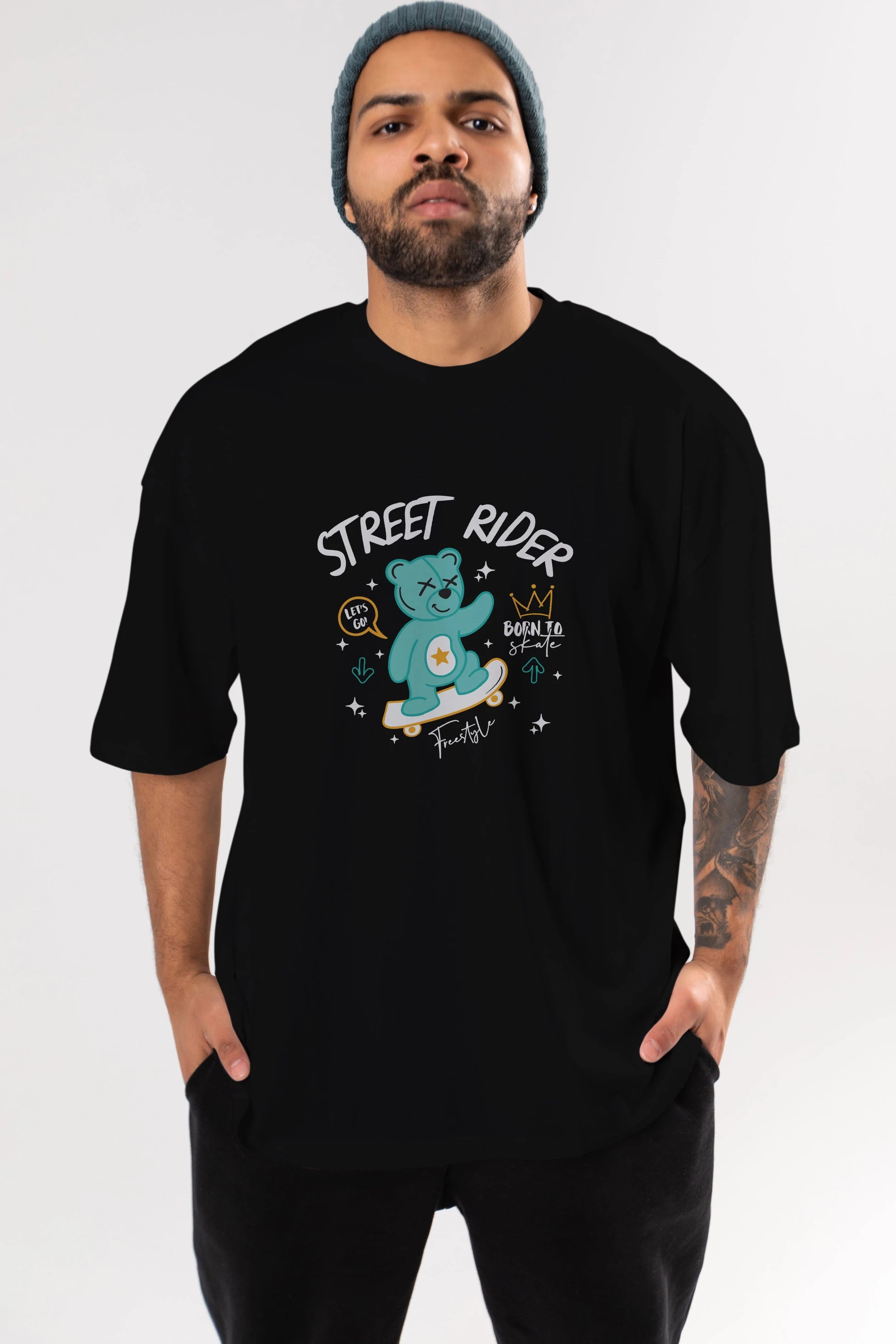 Street Rider Bear Ön Baskılı Oversize t-shirt Erkek Kadın Unisex