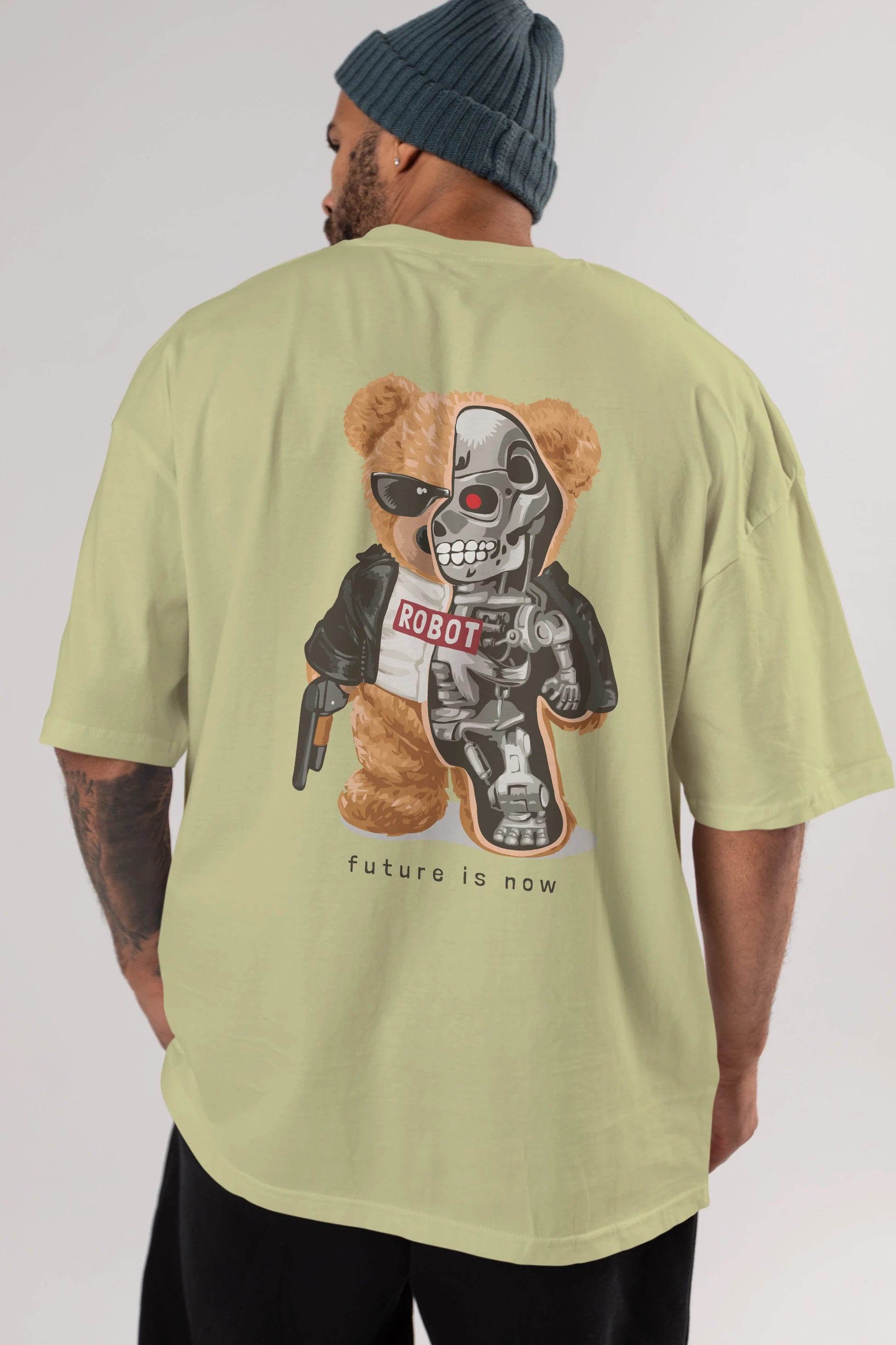 Teddy Bear Robot Arka Baskılı Oversize t-shirt Erkek Kadın Unisex %100 Pamuk
