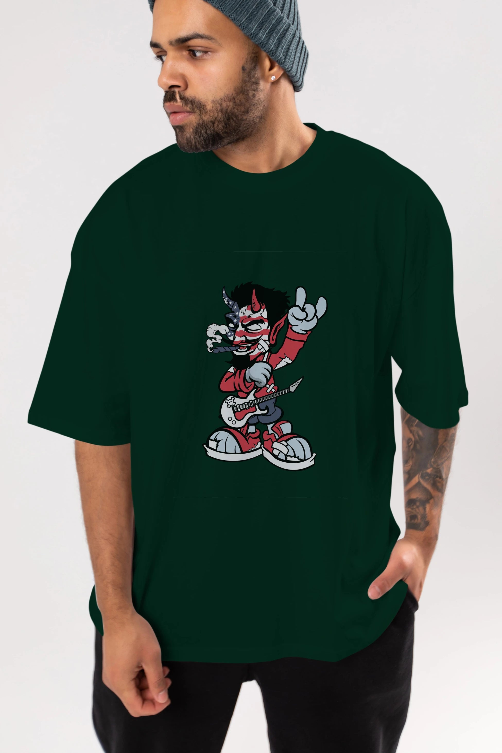 American Devil Rockstar Ön Baskılı Oversize t-shirt Erkek Kadın Unisex %100 Pamuk tişort