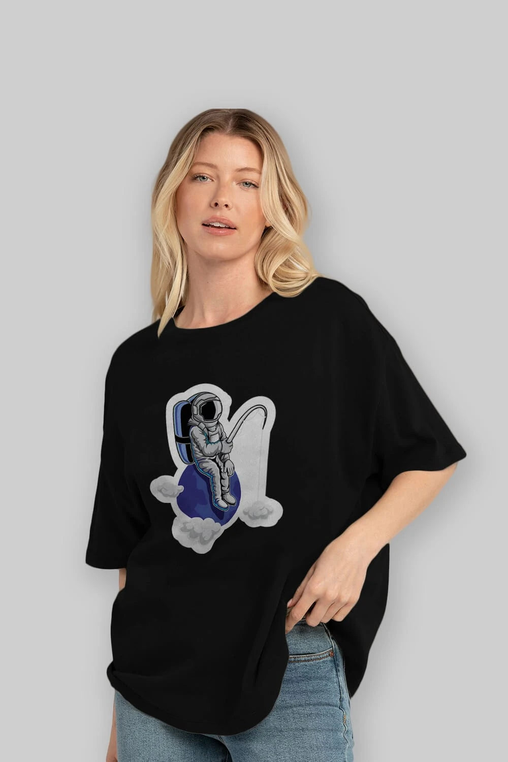 Astronaut Fishing Sticker Ön Baskılı Oversize t-shirt Erkek Kadın Unisex