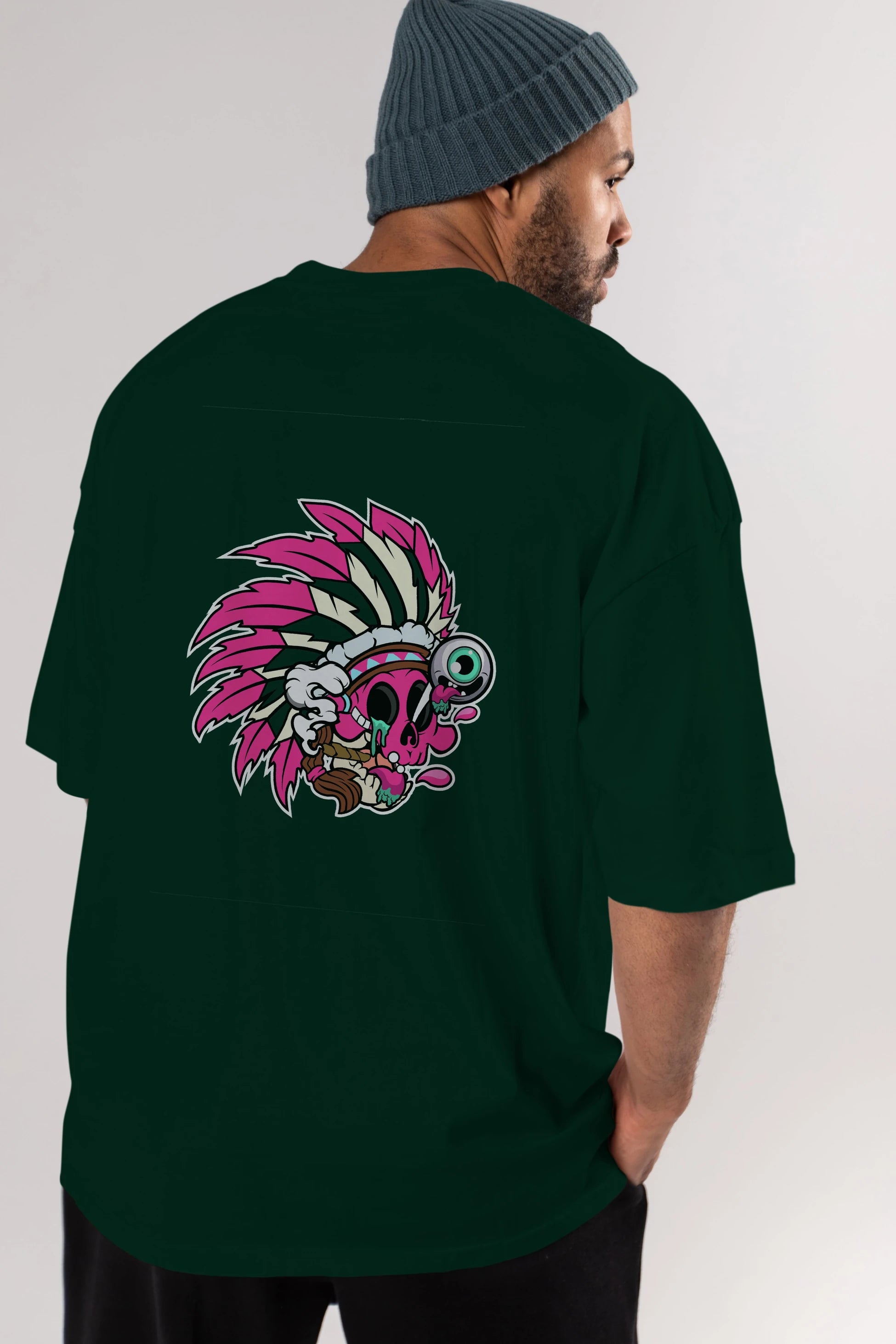 Skull Indian Arka Baskılı Oversize t-shirt Erkek Kadın Unisex %100 Pamuk tişort