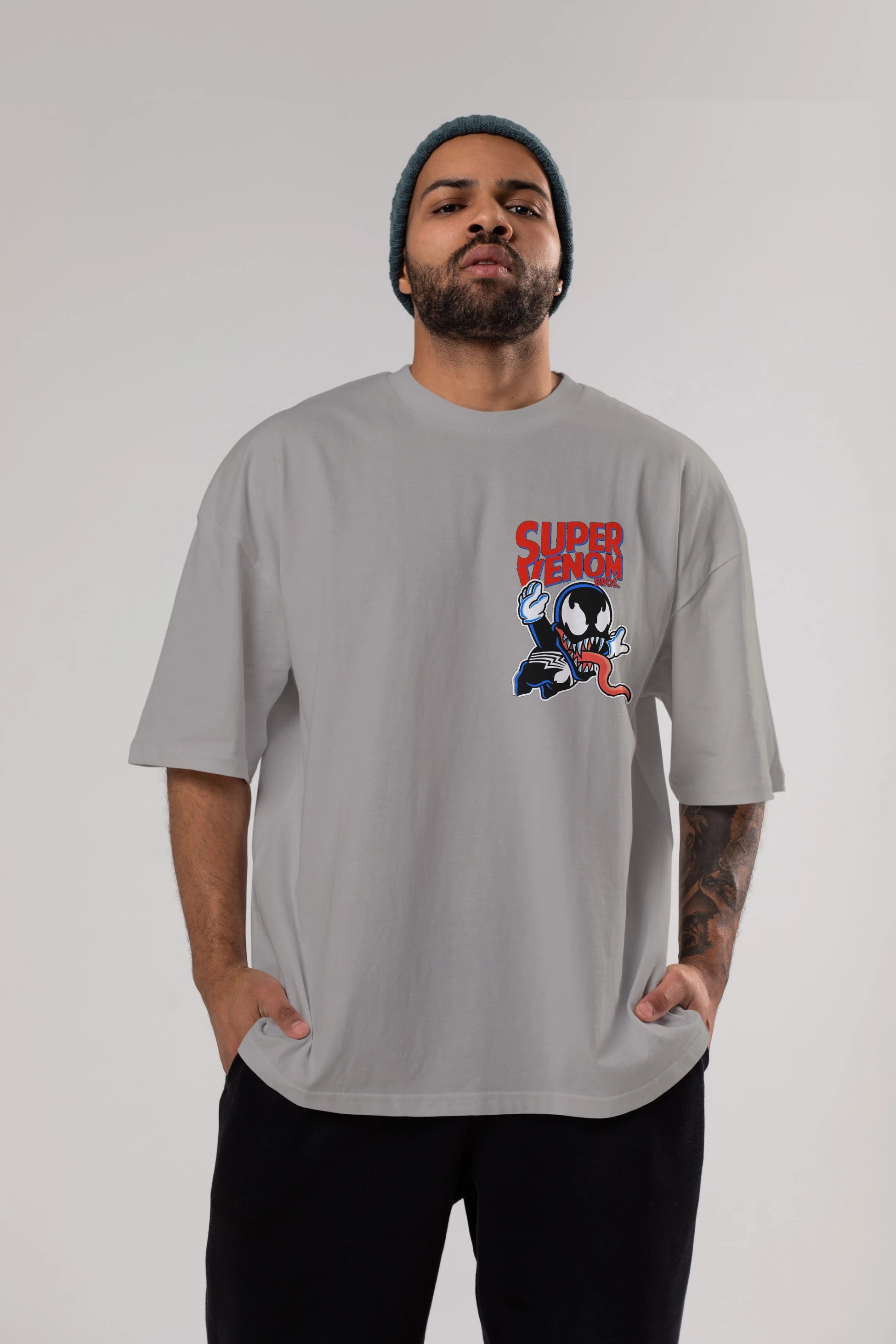 Super Venom Ön Sol Baskılı Oversize t-shirt Erkek Kadın Unisex %100 Pamuk Bisiklet Yaka tişort