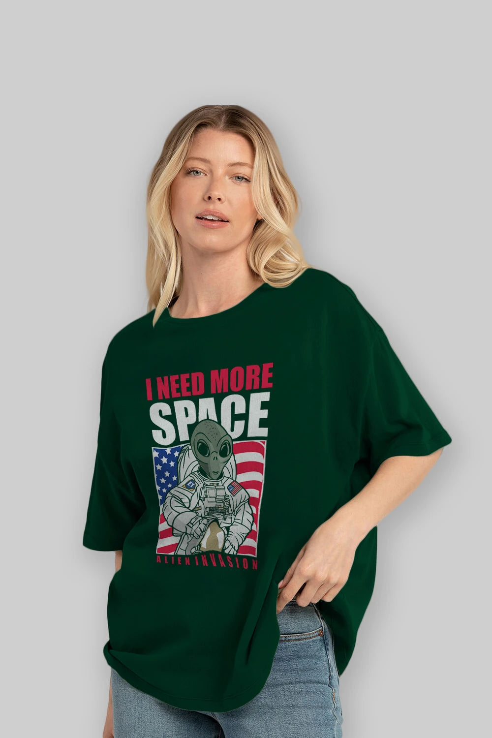 Alien Astronaut Ön Baskılı Oversize t-shirt Erkek Kadın Unisex %100 Pamuk tişort