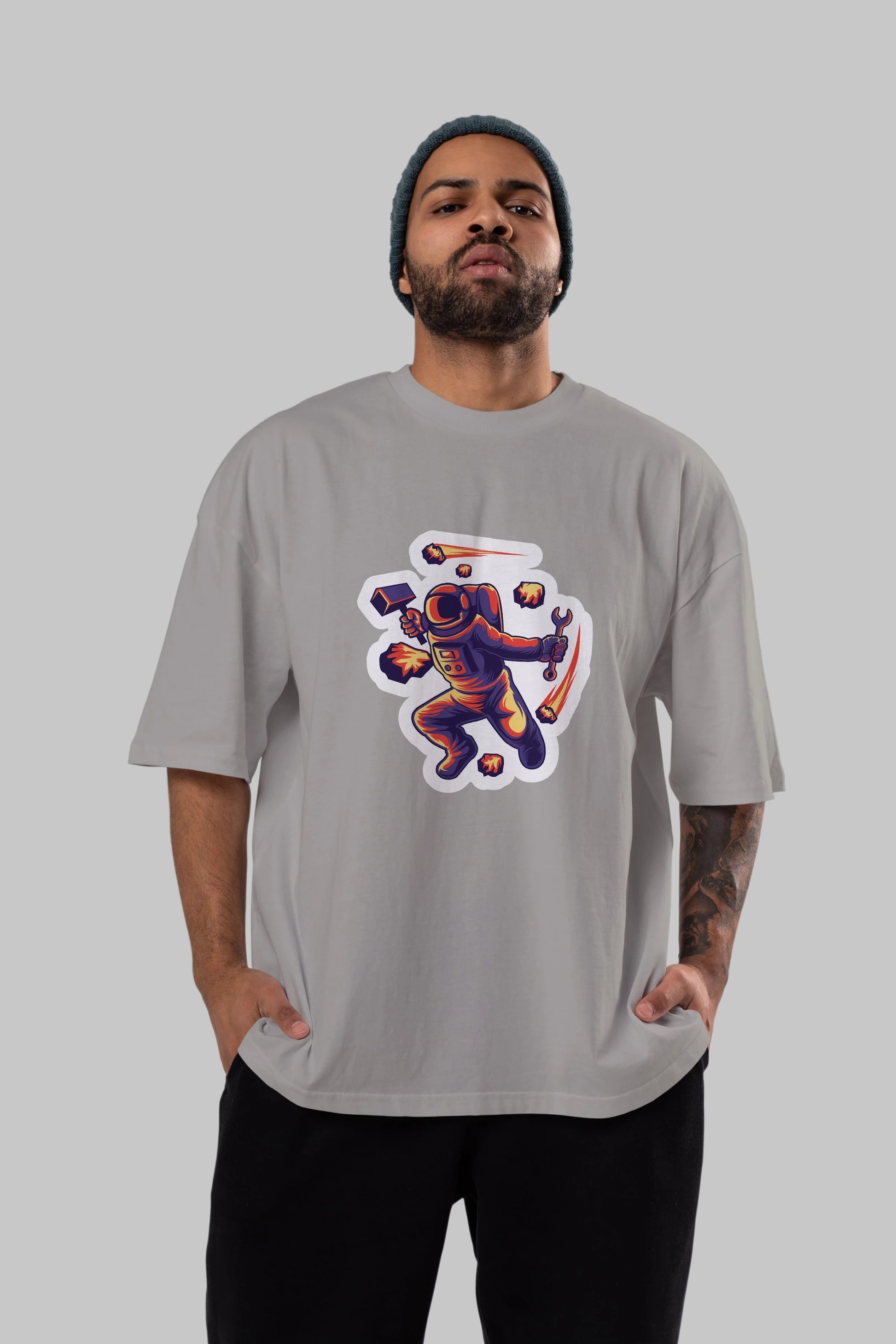 Astronaut Block Meteor Sticker Ön Baskılı Oversize t-shirt Erkek Kadın Unisex