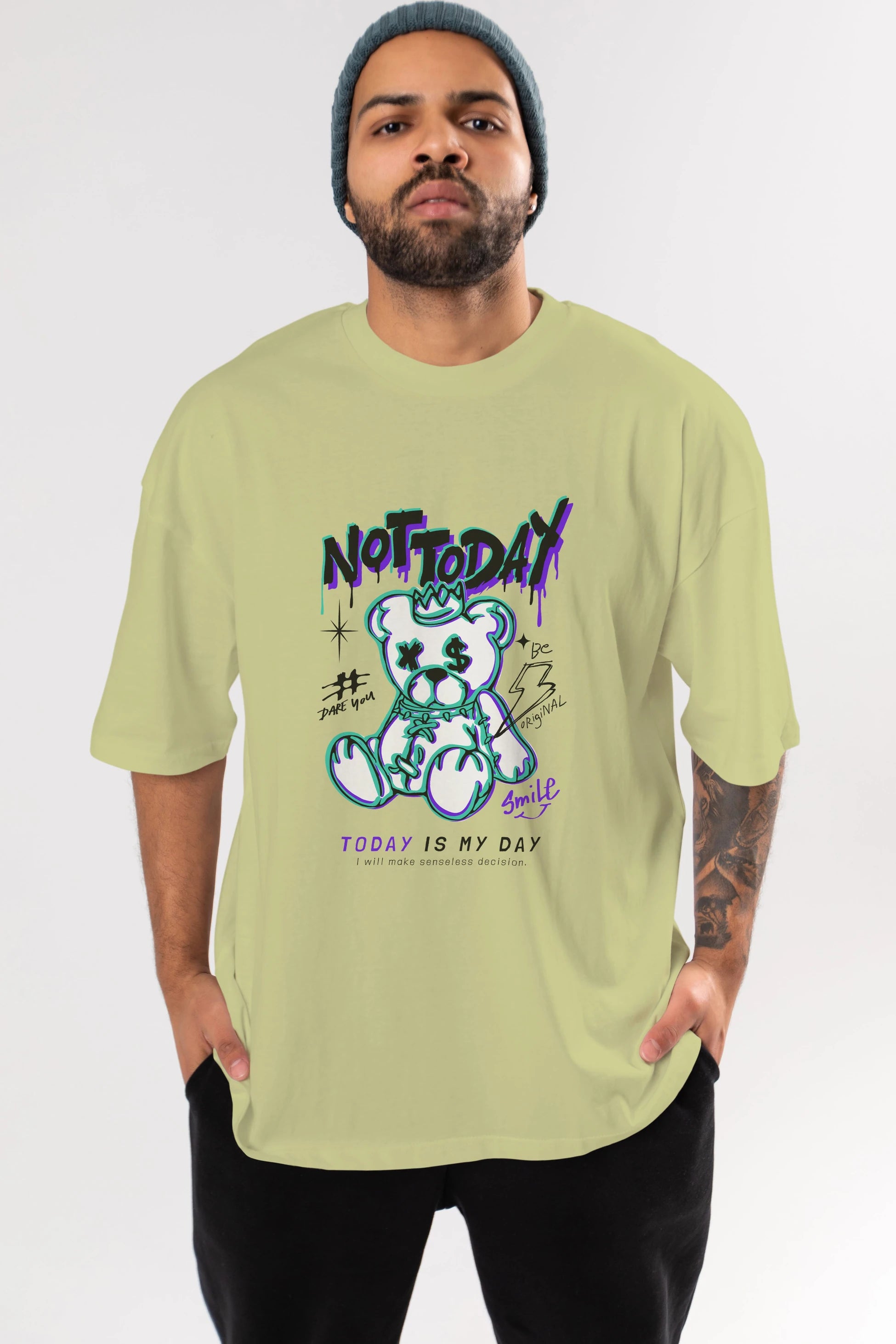 Teddy Bear Not Today Ön Baskılı Oversize t-shirt Erkek Kadın Unisex